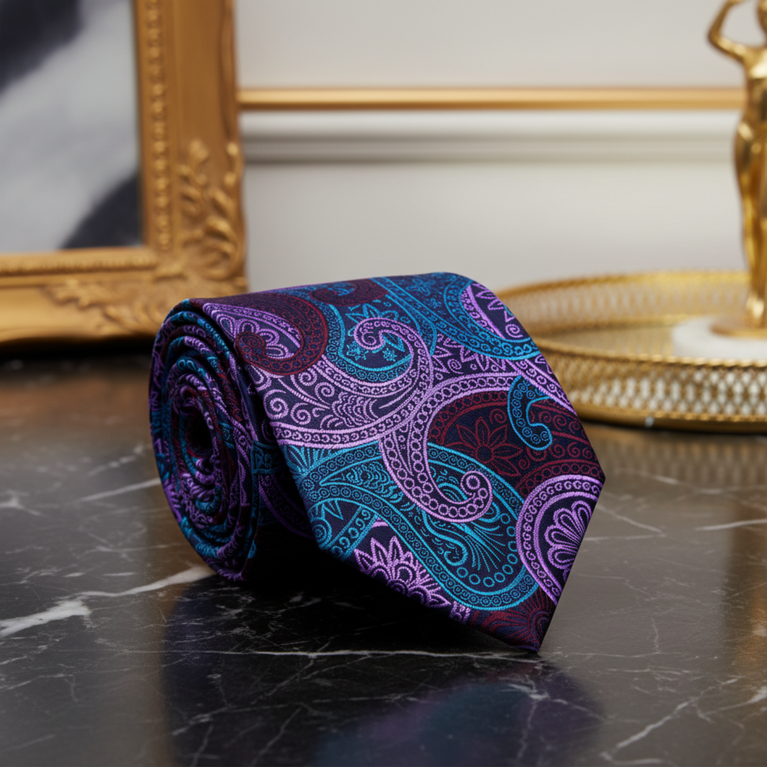 Dark Blue With Light Blue Light Purple Deep Red Superb Paisley Thin Tie  