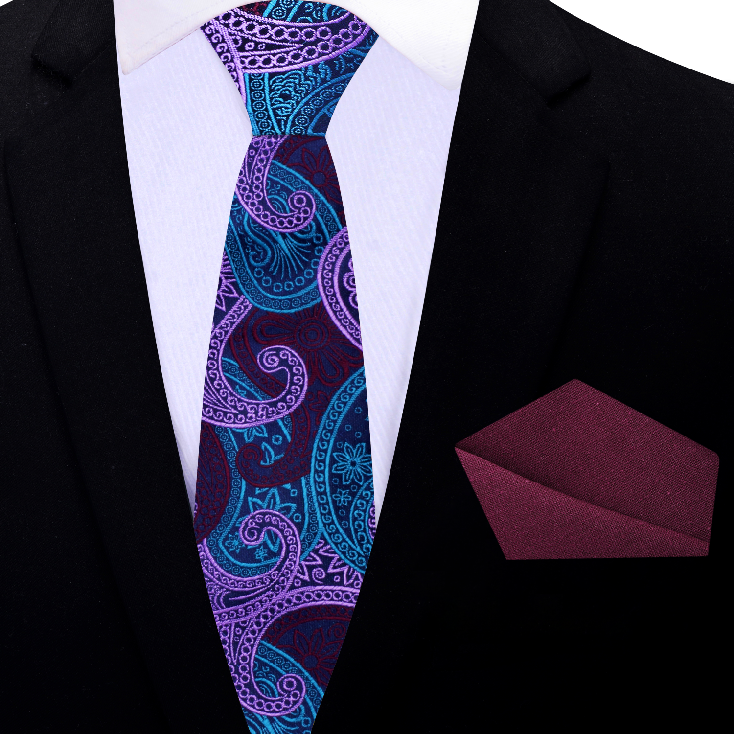 Thin Dark Blue With Light Blue Light Purple Deep Red Superb Paisley Tie and Deep Red Square