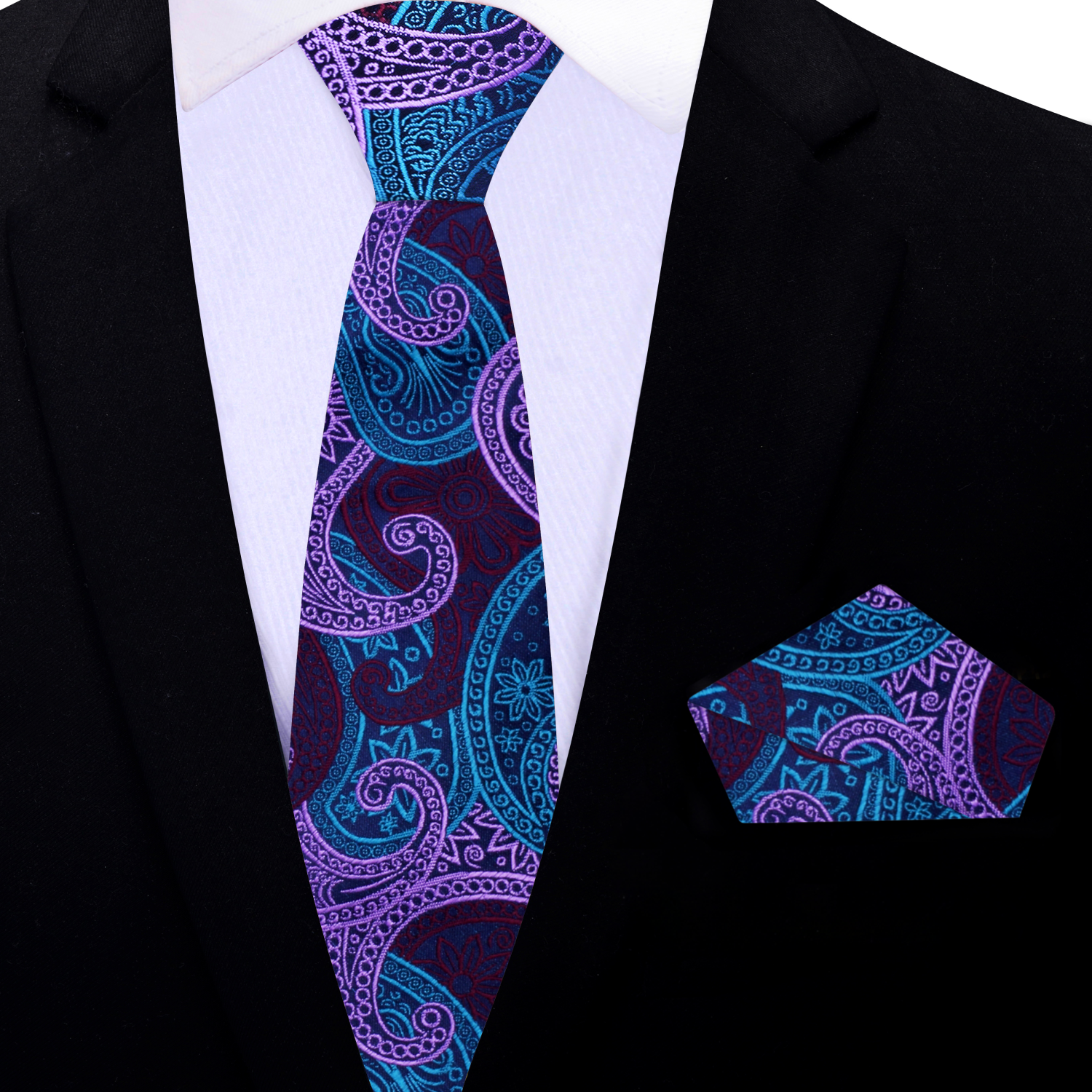 Thin Dark Blue With Light Blue Light Purple Deep Red Superb Paisley Tie and Square