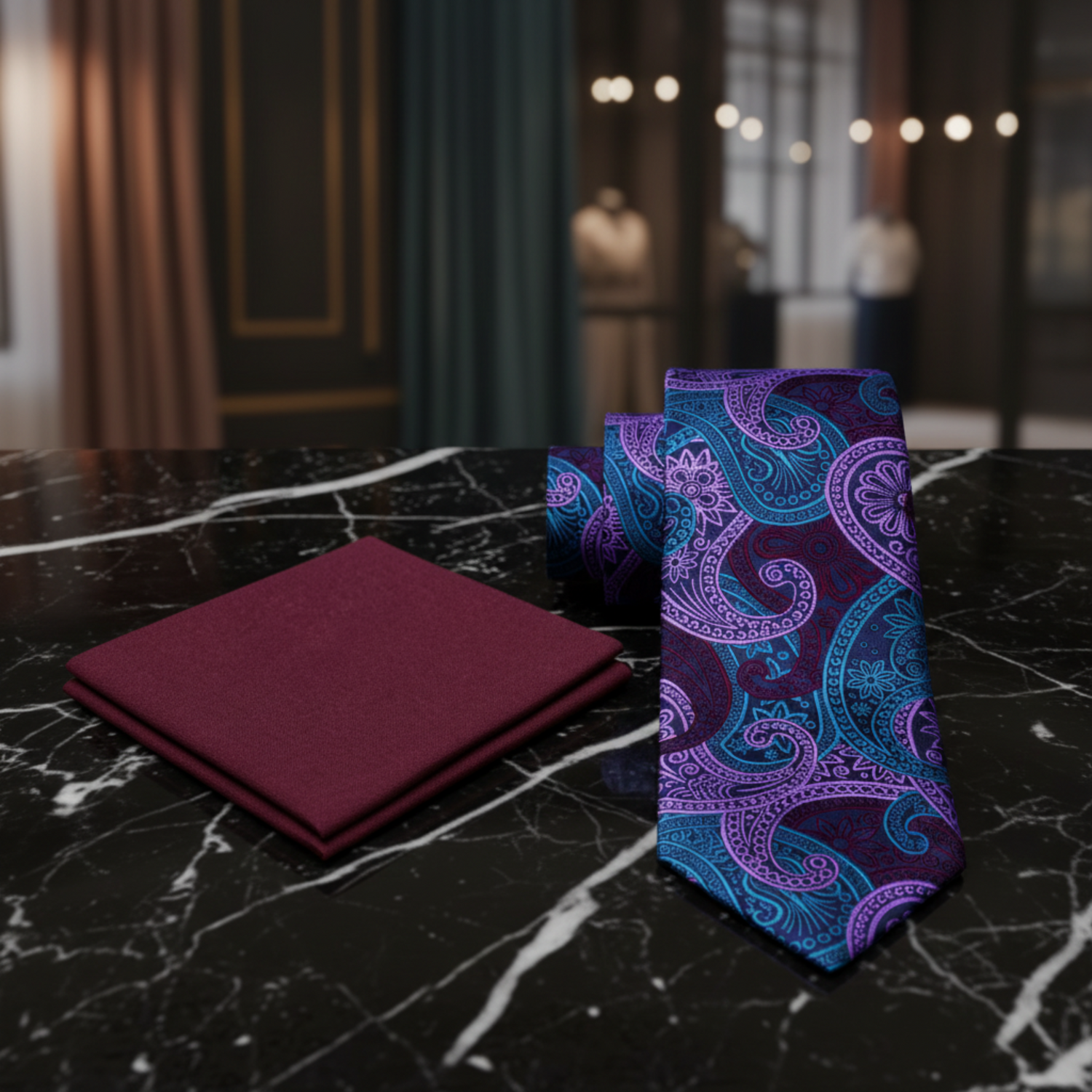 Alt Dark Blue With Light Blue Light Purple Deep Red Superb Paisley Tie and Deep Red Square