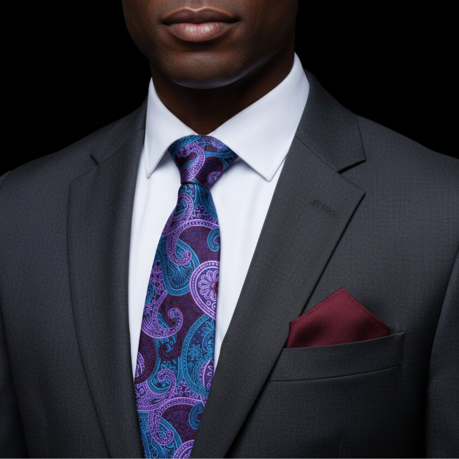 Man wearing a gray suit with a purple paisley tie and red pocket square on a black background
