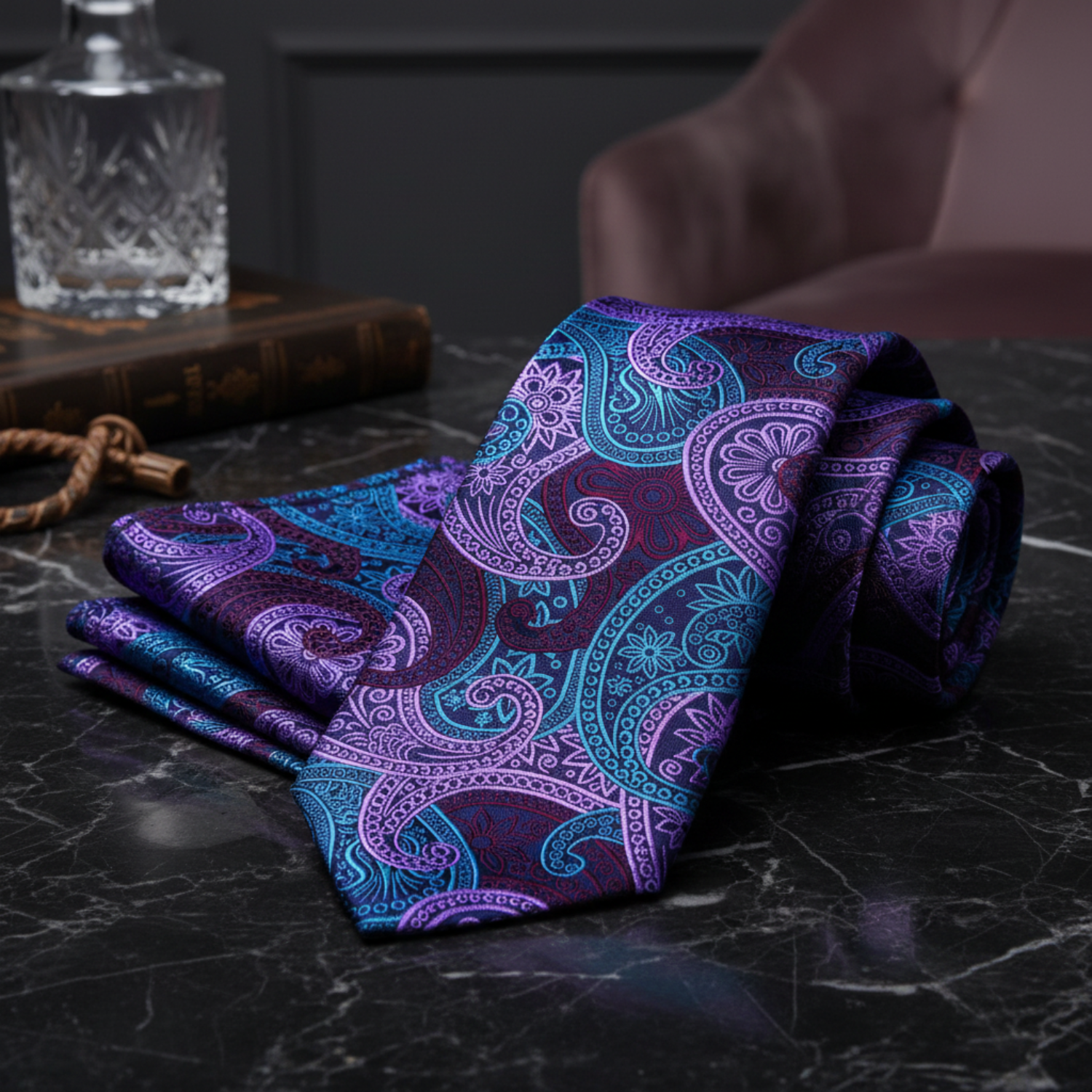Alt Dark Blue With Light Blue Light Purple Deep Red Superb Paisley Tie and Square