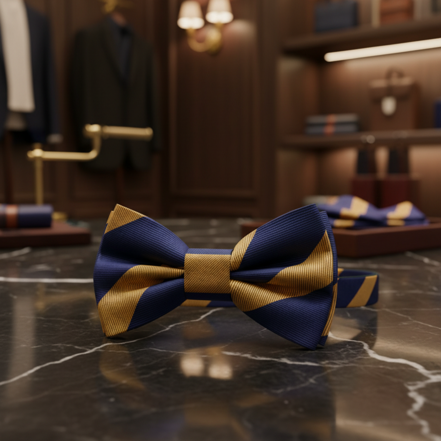 Dark Blue and Gold Block Stripe Pre Tied bow Tie