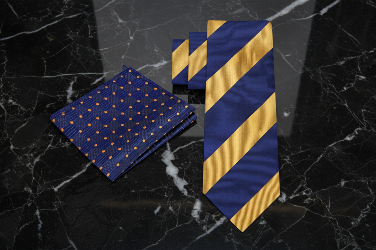 View 2: Blue & Gold Stripe Necktie and Accenting Square