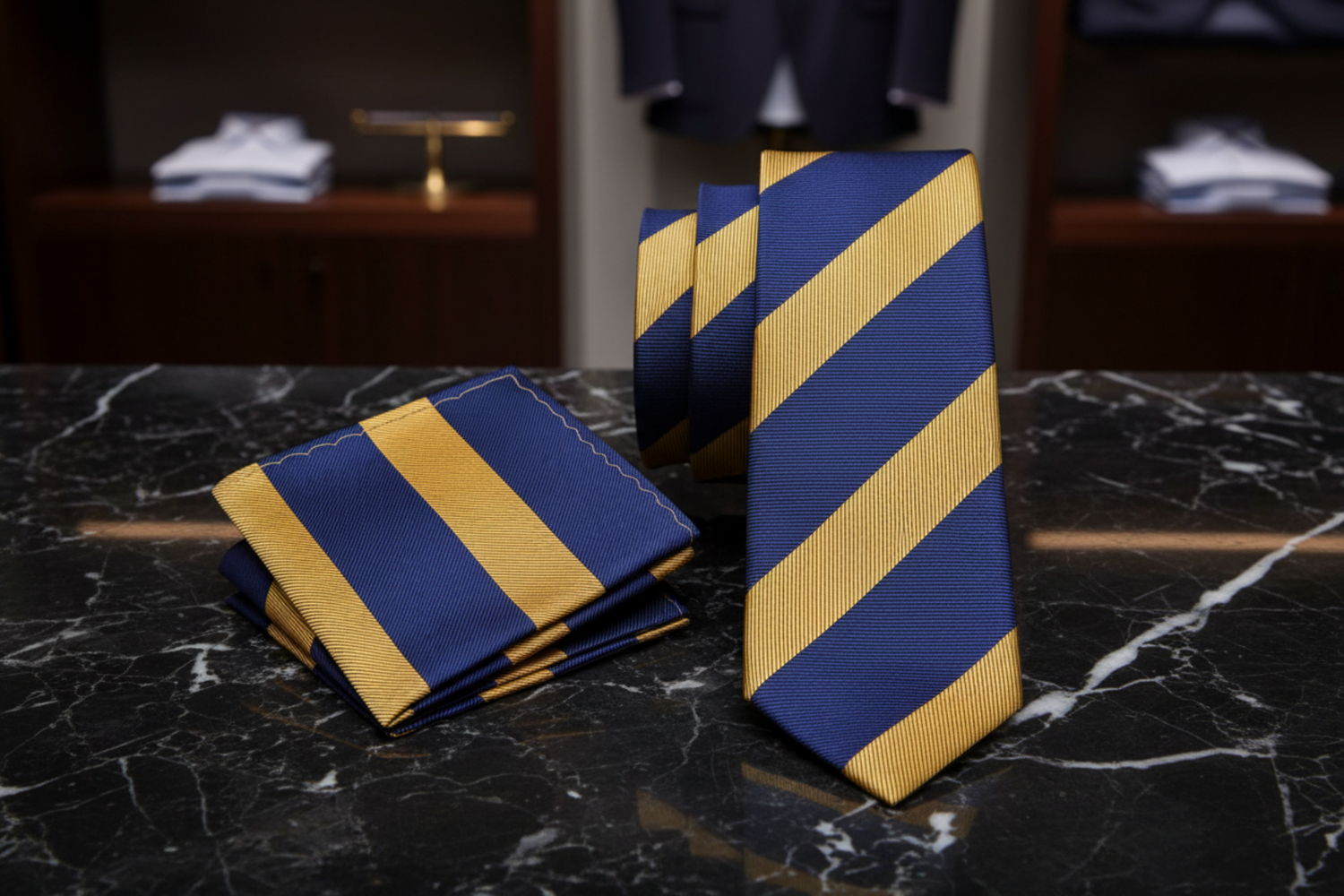 View 2: Blue & Gold Stripe Necktie and Square