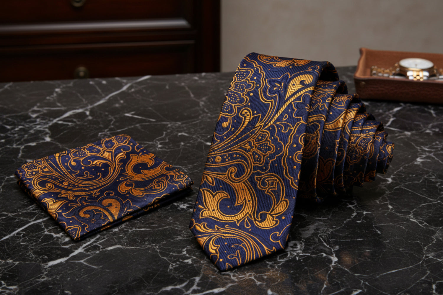 Alt View: A Dark Blue, Gold Abstract Paisley Pattern Necktie, Pocket Square