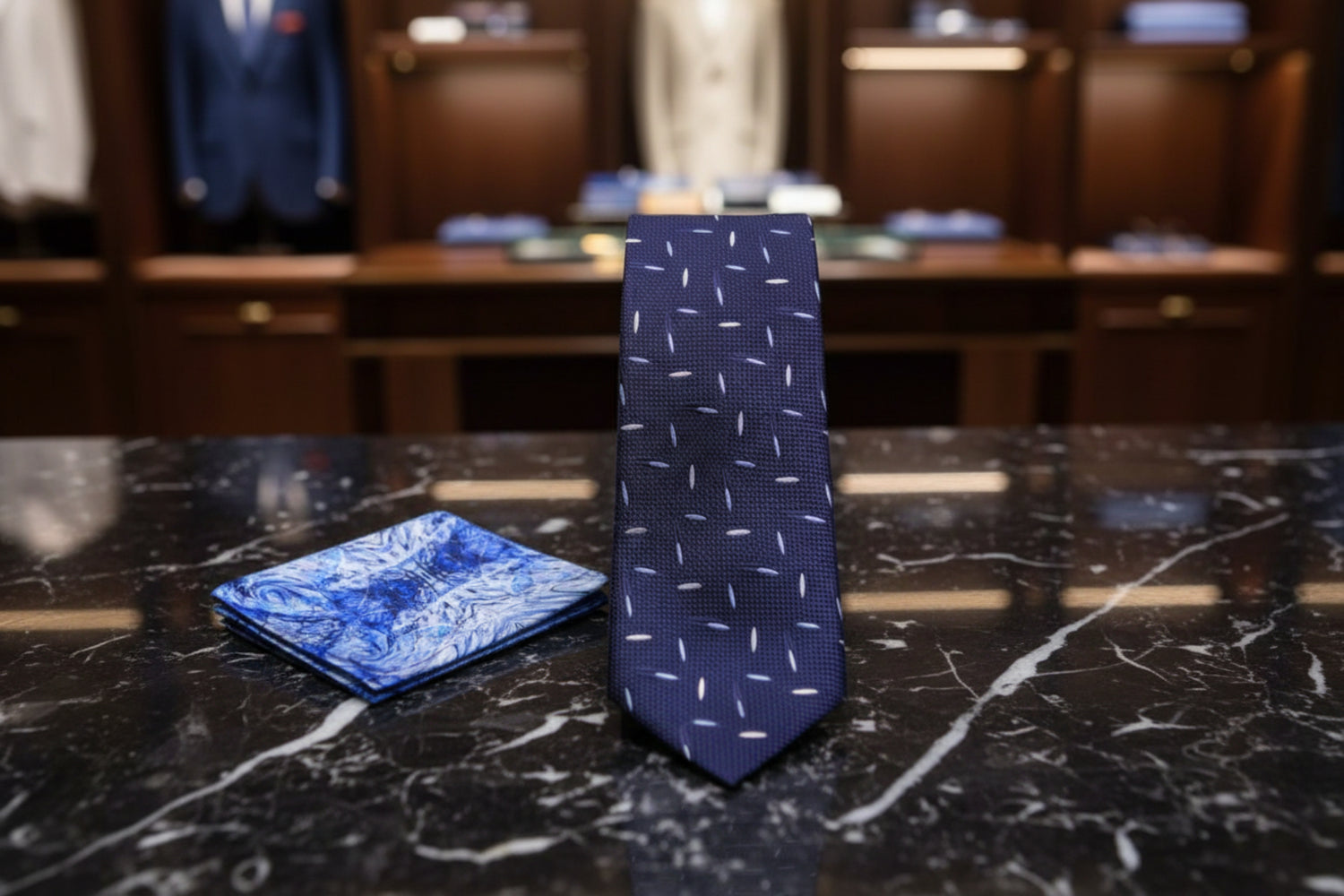 Blue Rice Necktie and Accenting White Blue Square