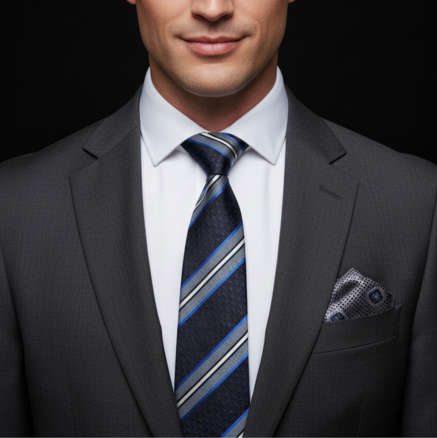 Man wearing a gray suit with a blue striped tie and pocket square on a black background