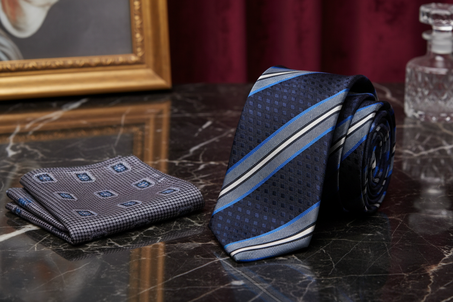 Navy Blue, Purple & White Stripe Necktie