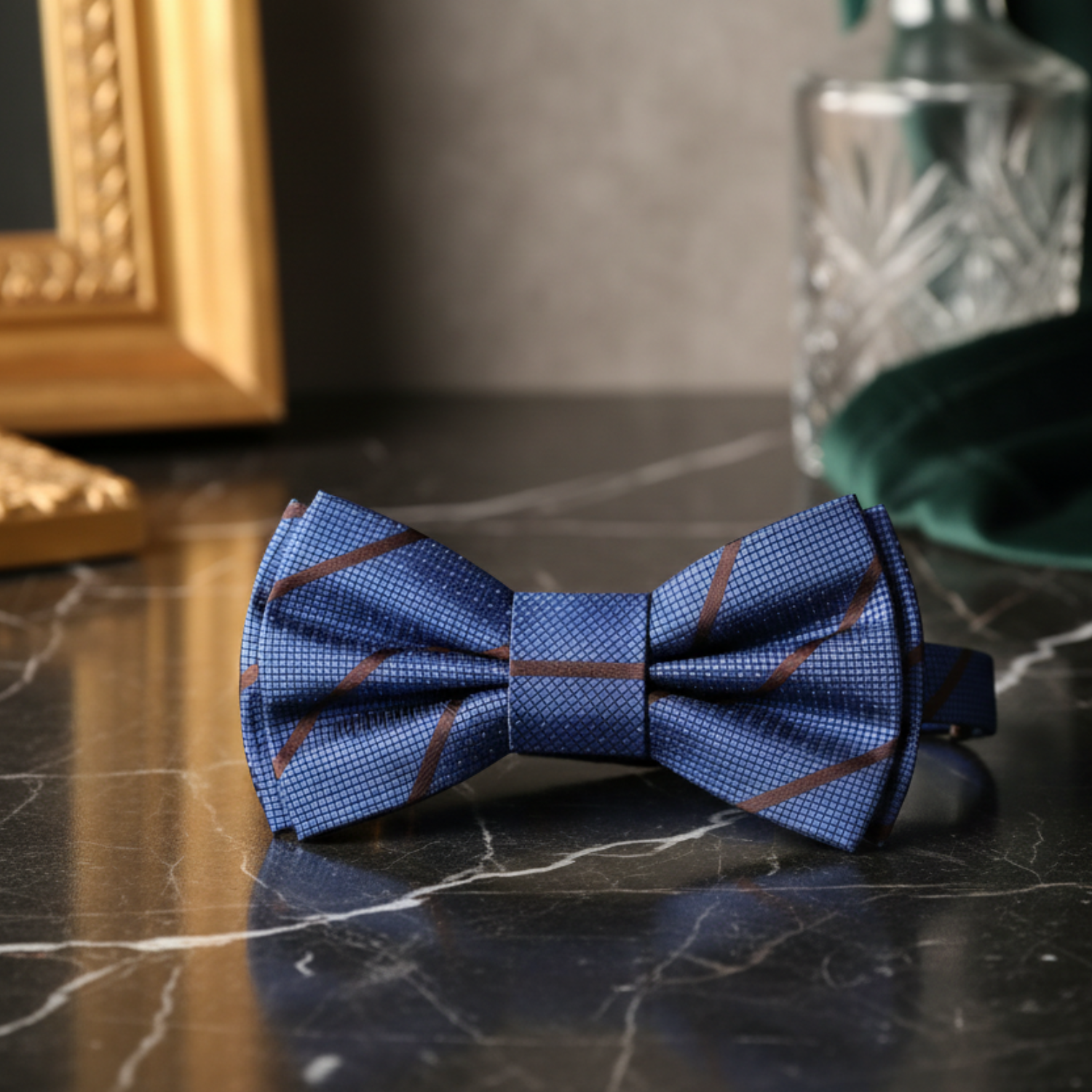 Blue brown stripe bow tie pre tied