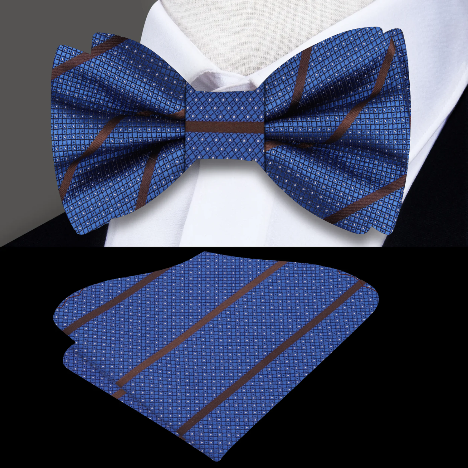 Blue brown stripe bow tie and square||Blue/Brown