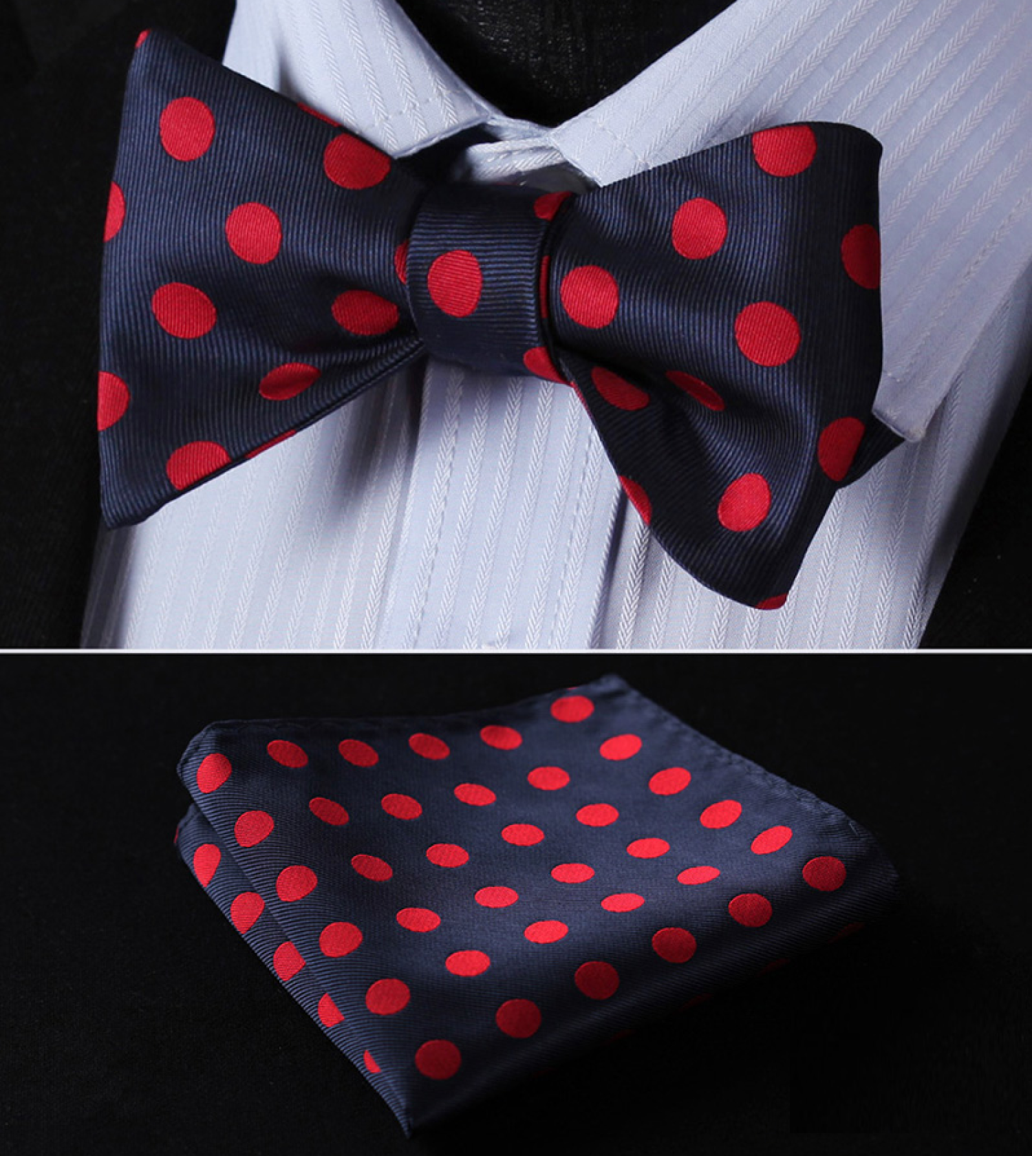 Main View: A Blue, Red Polka Pattern Silk Self Tie Bow Tie Bow Tie, Matching Pocket Square