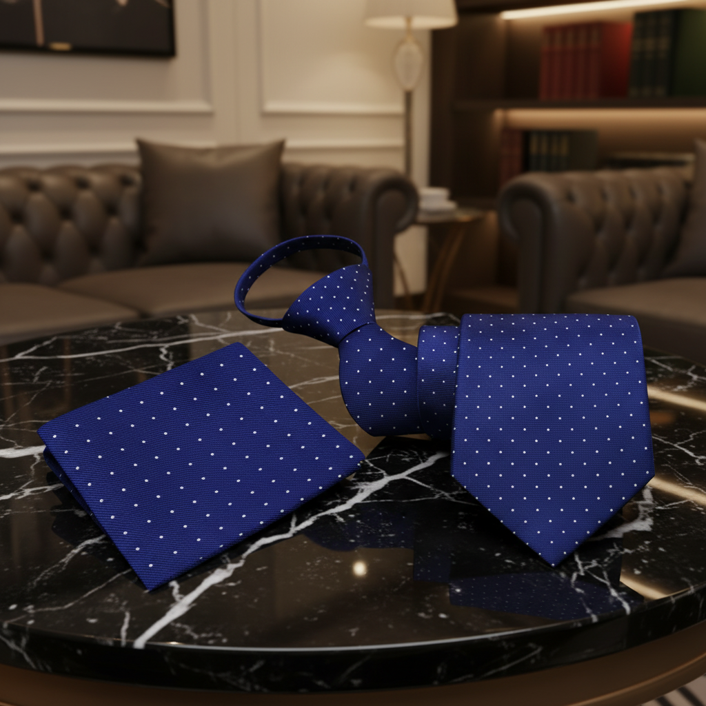Dark Blue, White Dot Zipper Tie and Handkerchief