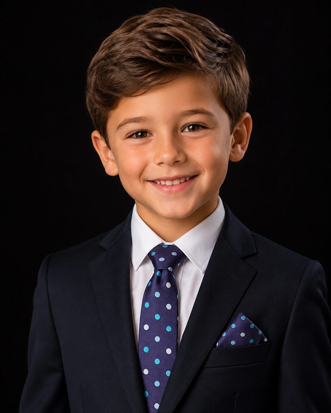 Child wearing suit with blue and white polka necktie and square