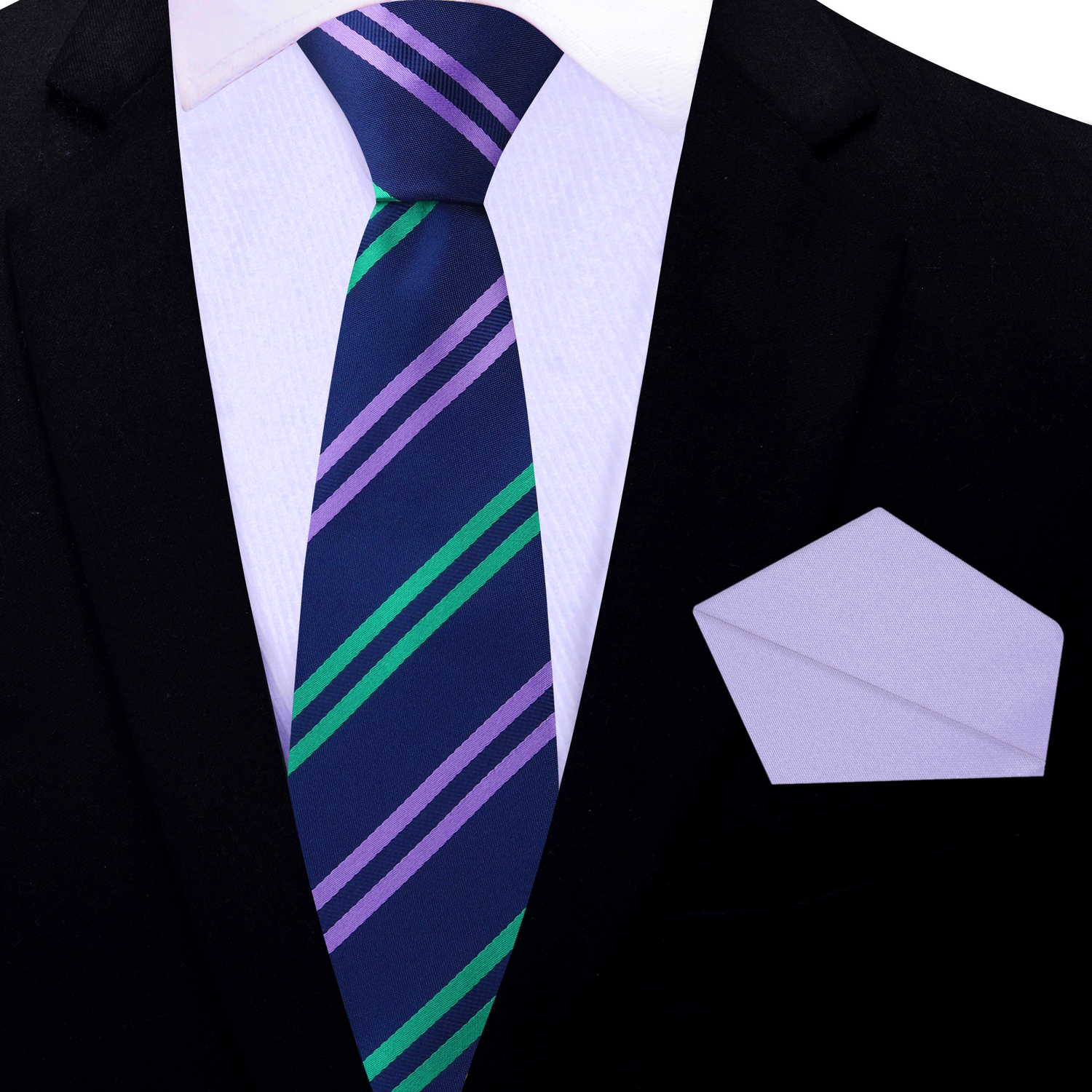 Thin Blue, Green and Purple Stripe Tie and Purple Square