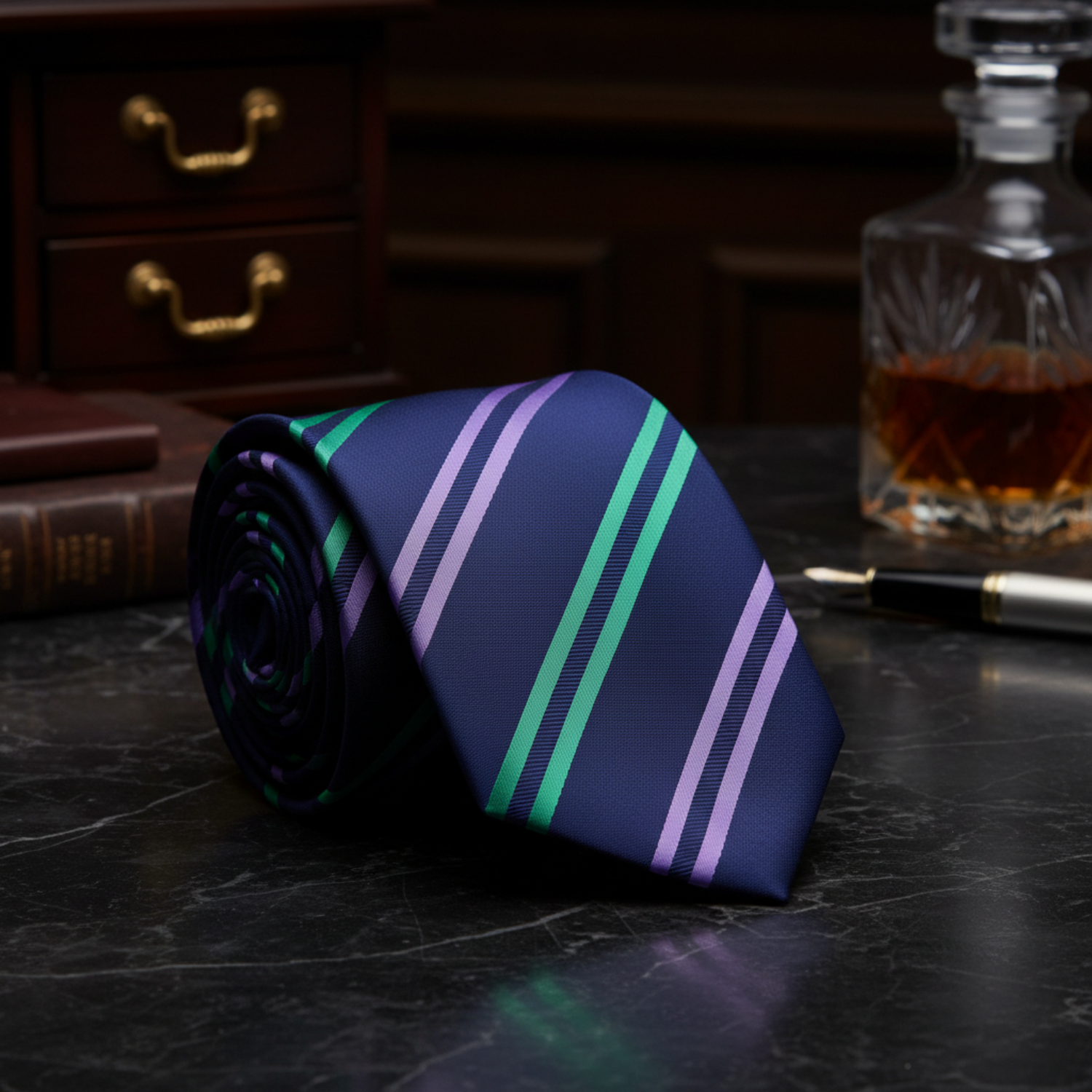 Dark Blue with Green and Purple Stripe Necktie