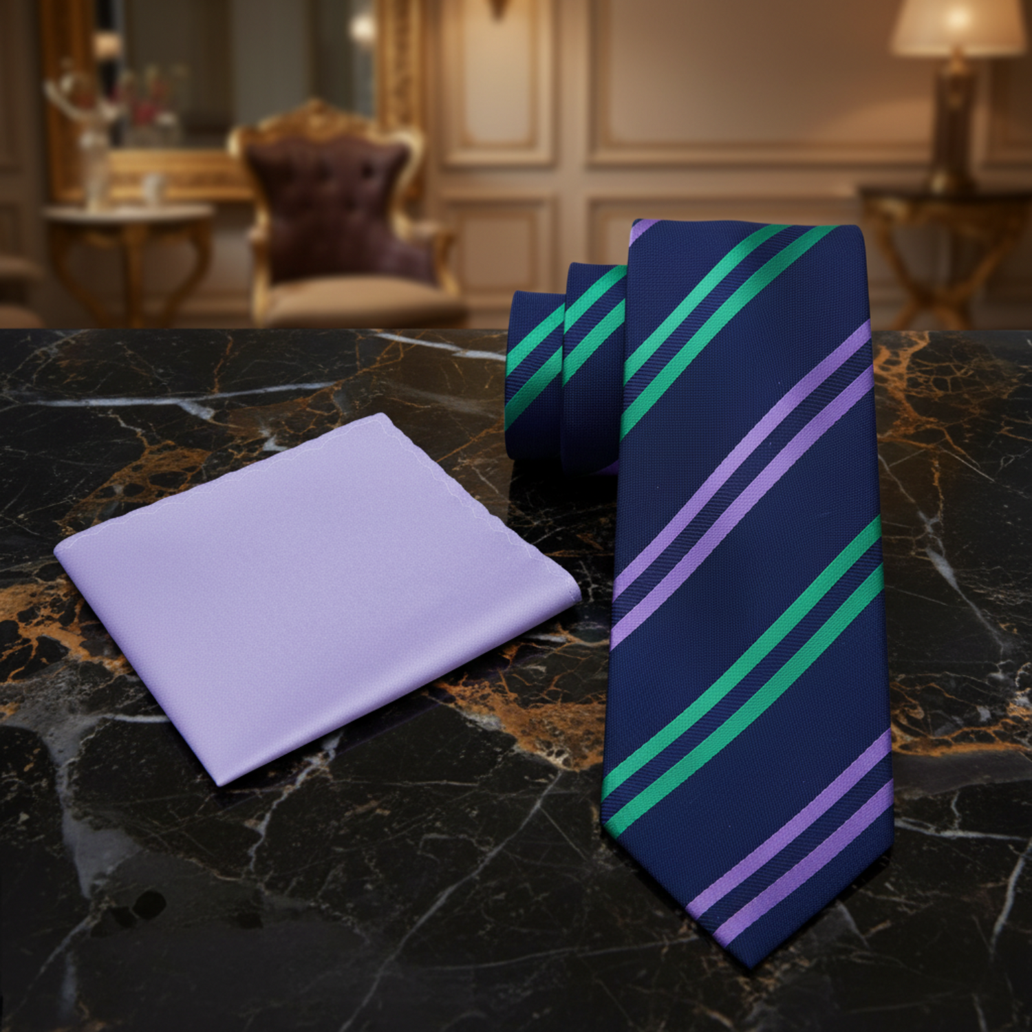 Blue, Green and Purple Stripe Tie and Purple Square