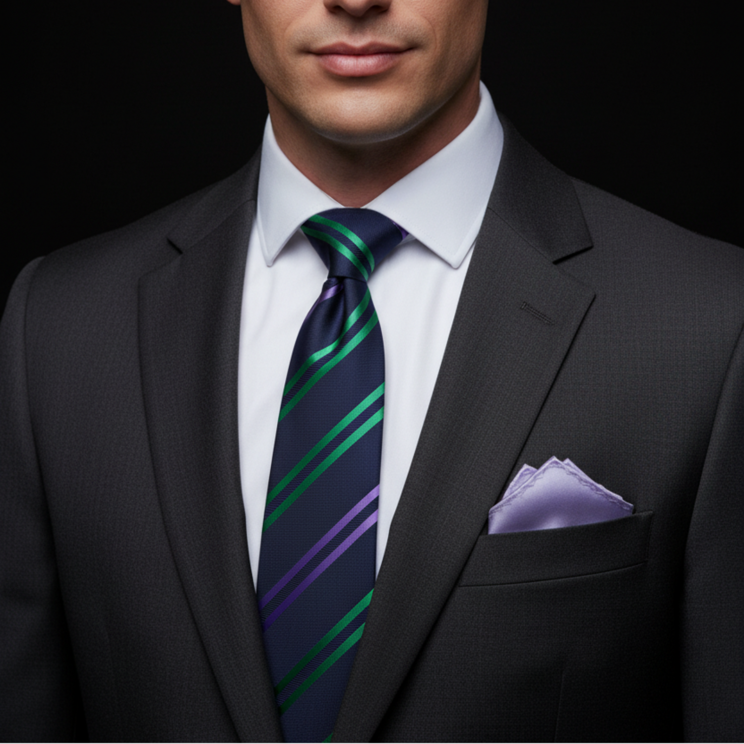 Blue, Green and Purple Stripe Tie and Purple Square on man