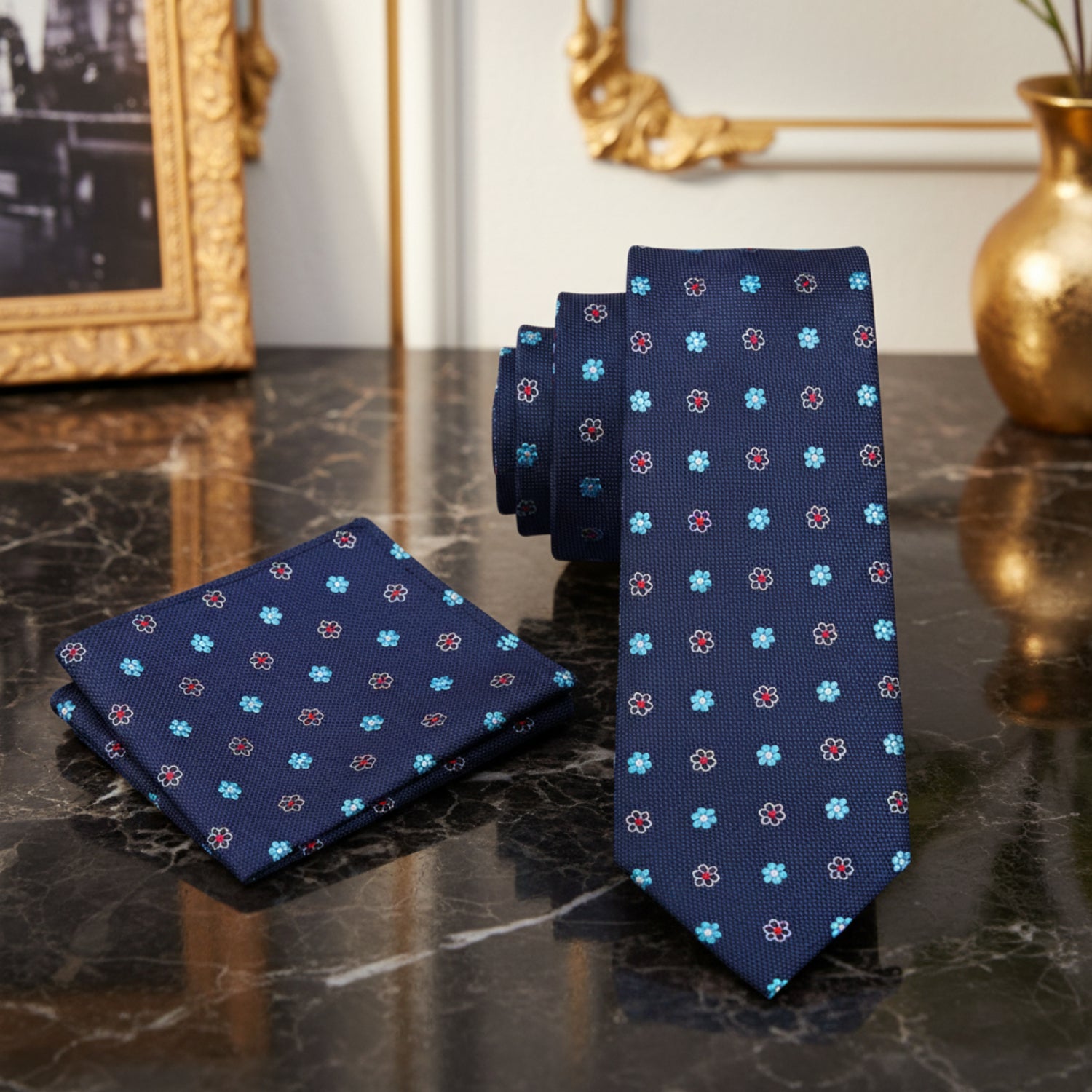 Alt View: Blue Small Flower Necktie and Pocket Square