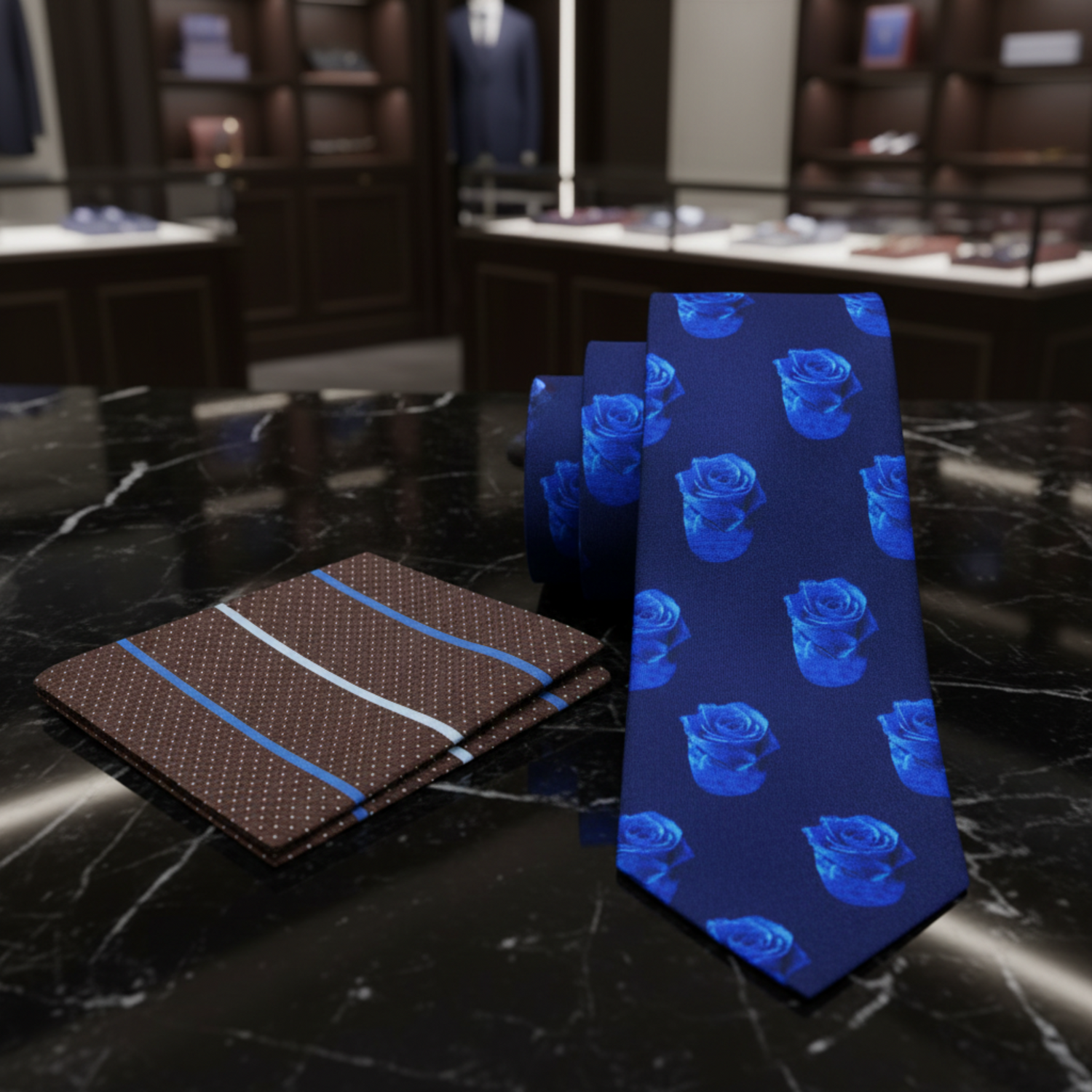 Alt View: Shades of Blue Roses Tie and Accenting Brown Stripe Pocket Square
