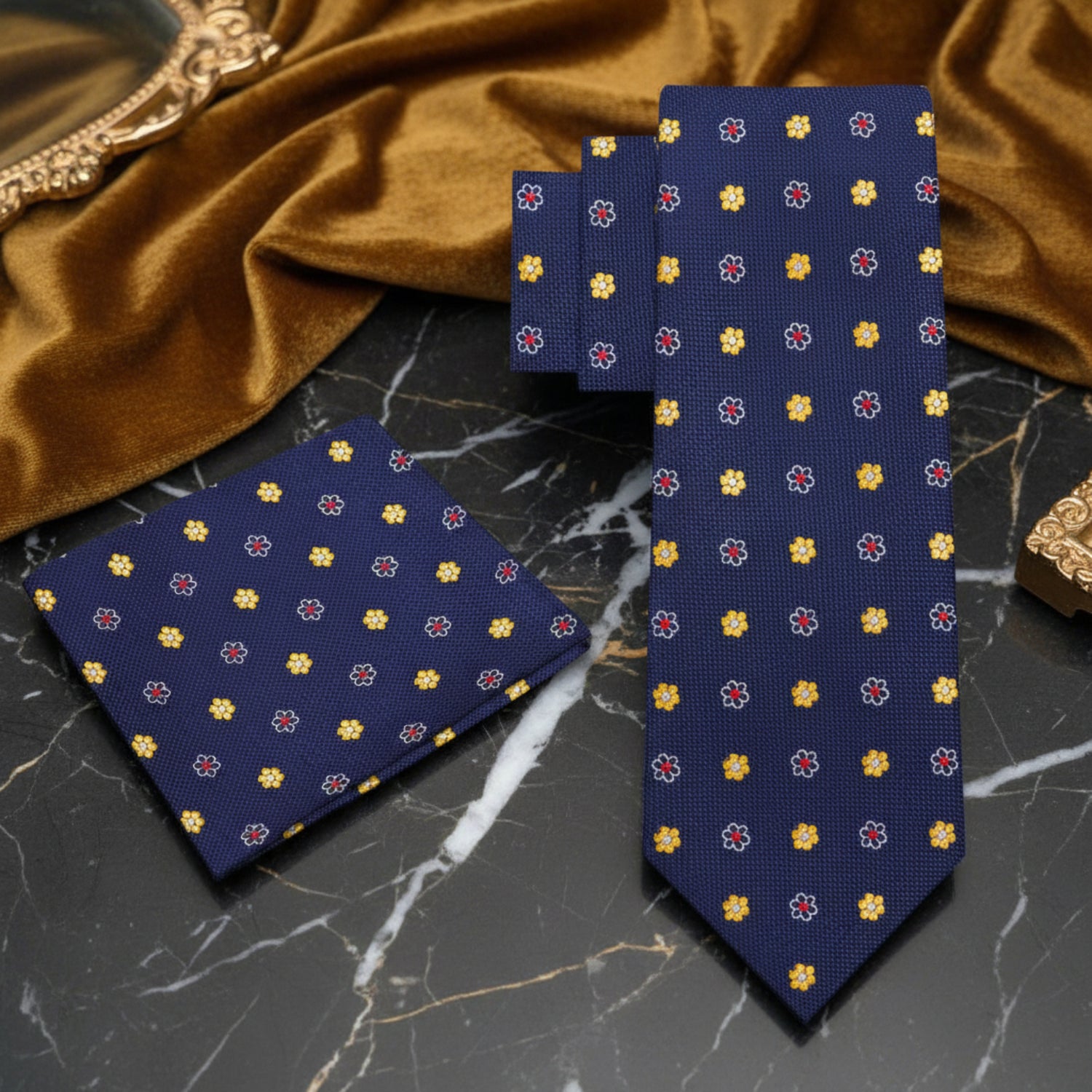 Alt View: Blue, Yellow and Red Small Flowers Tie and Blue and Matching Square