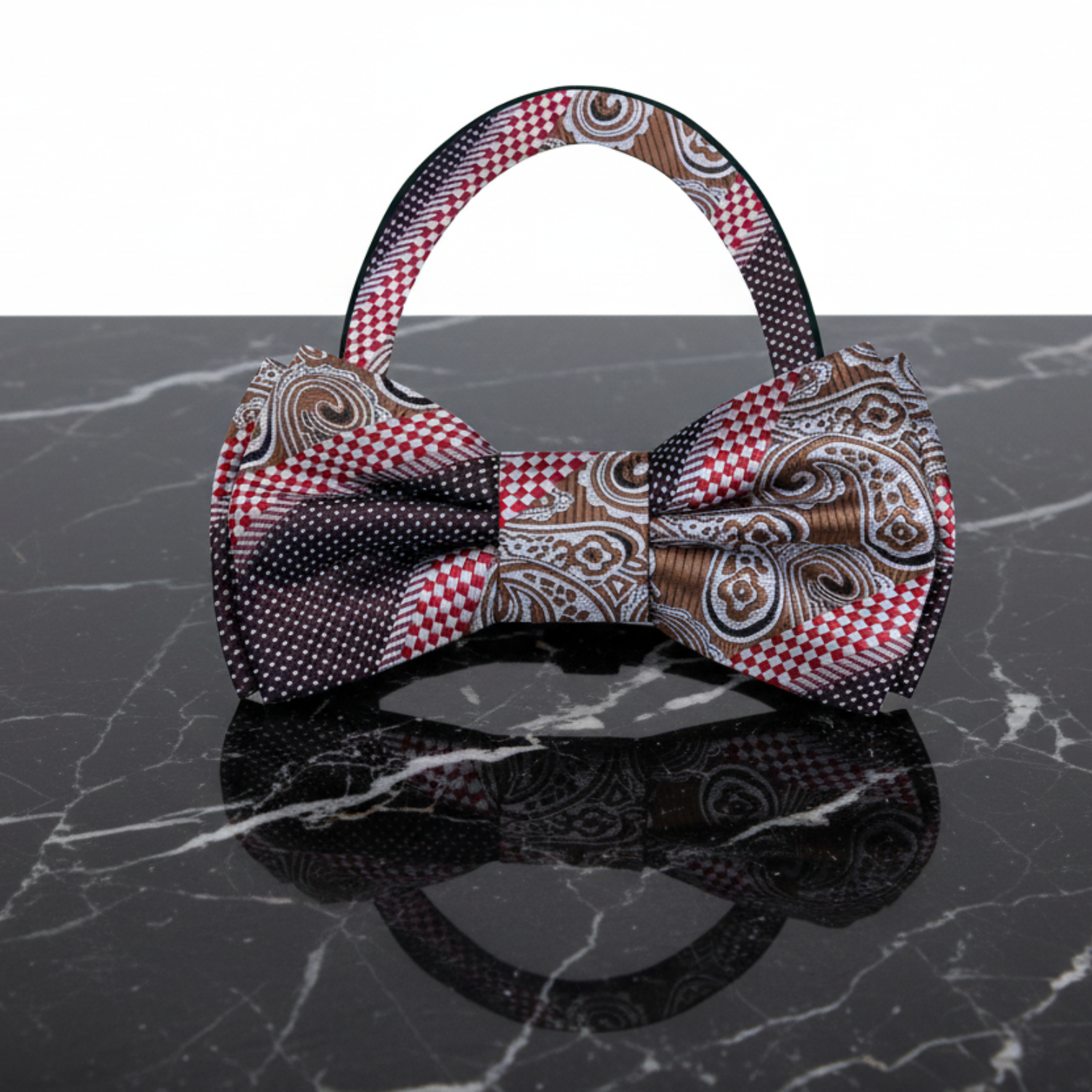 Dark Brown, Red Check and Paisley Bow Tie Pre tied