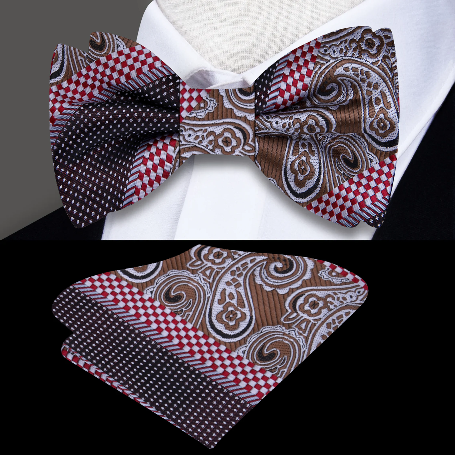 Dark Brown, Red Check and Paisley Bow Tie and Square||Blue