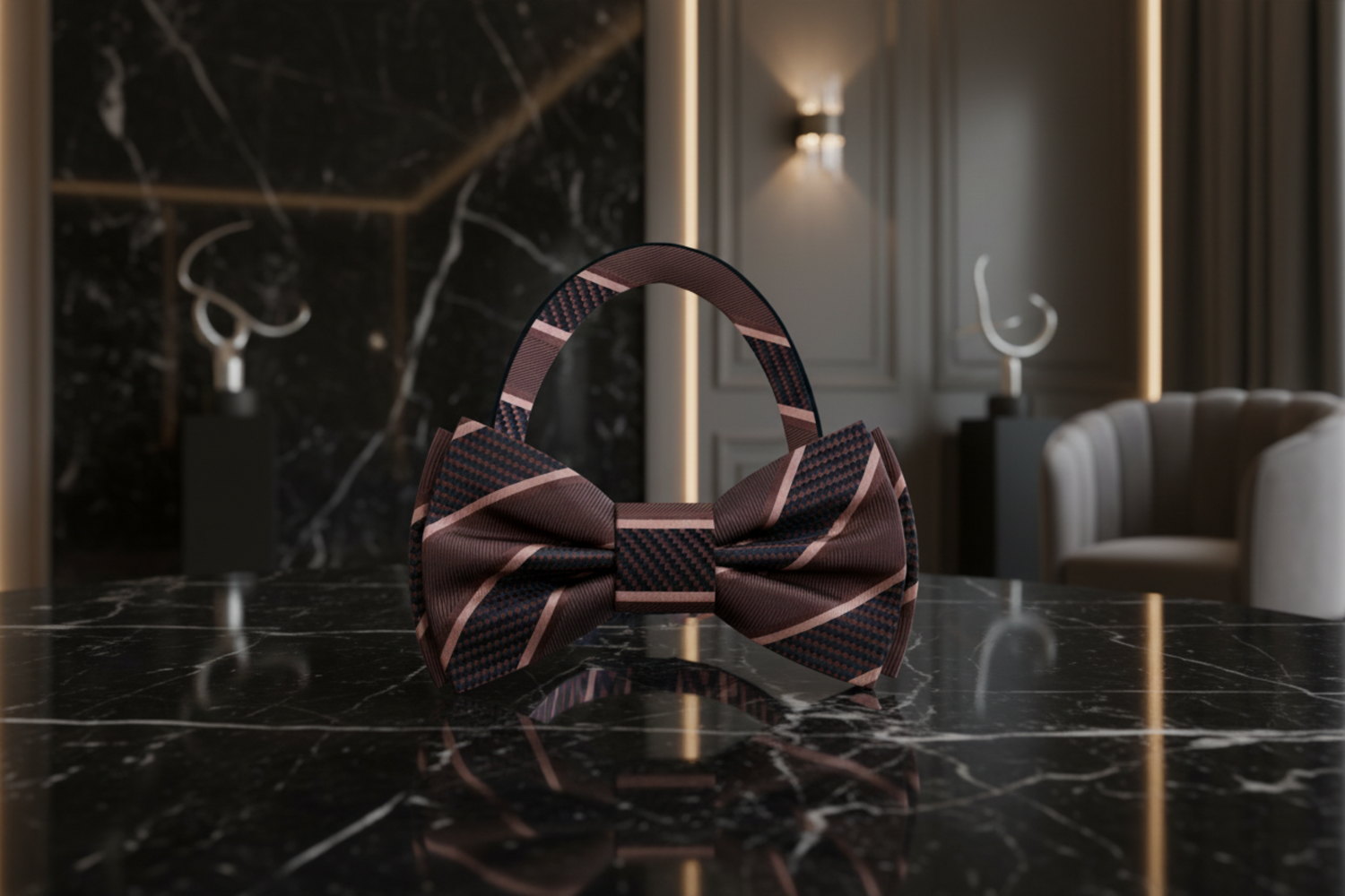 Dark Brown Block Stripe Bow Tie Pre Tied