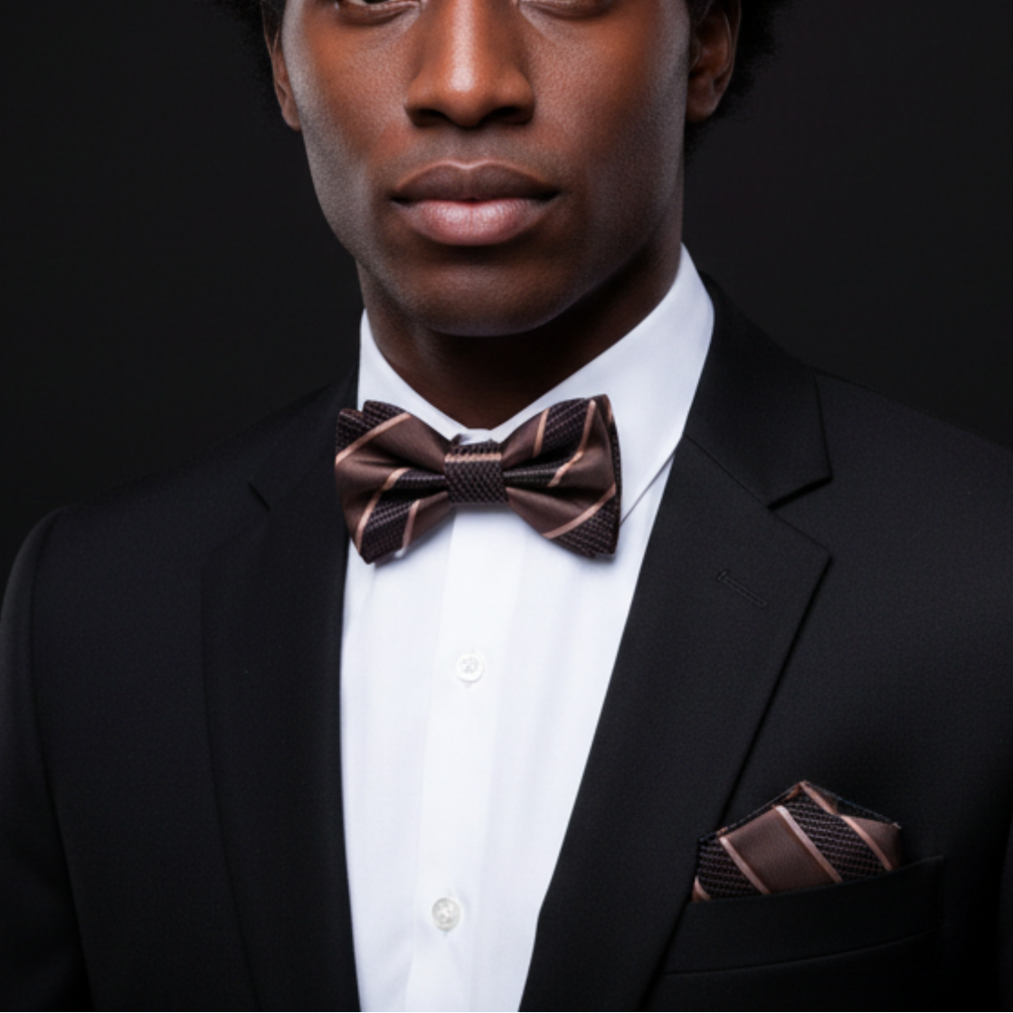Man wearing a black suit with a brown bow tie and pocket square against a dark background