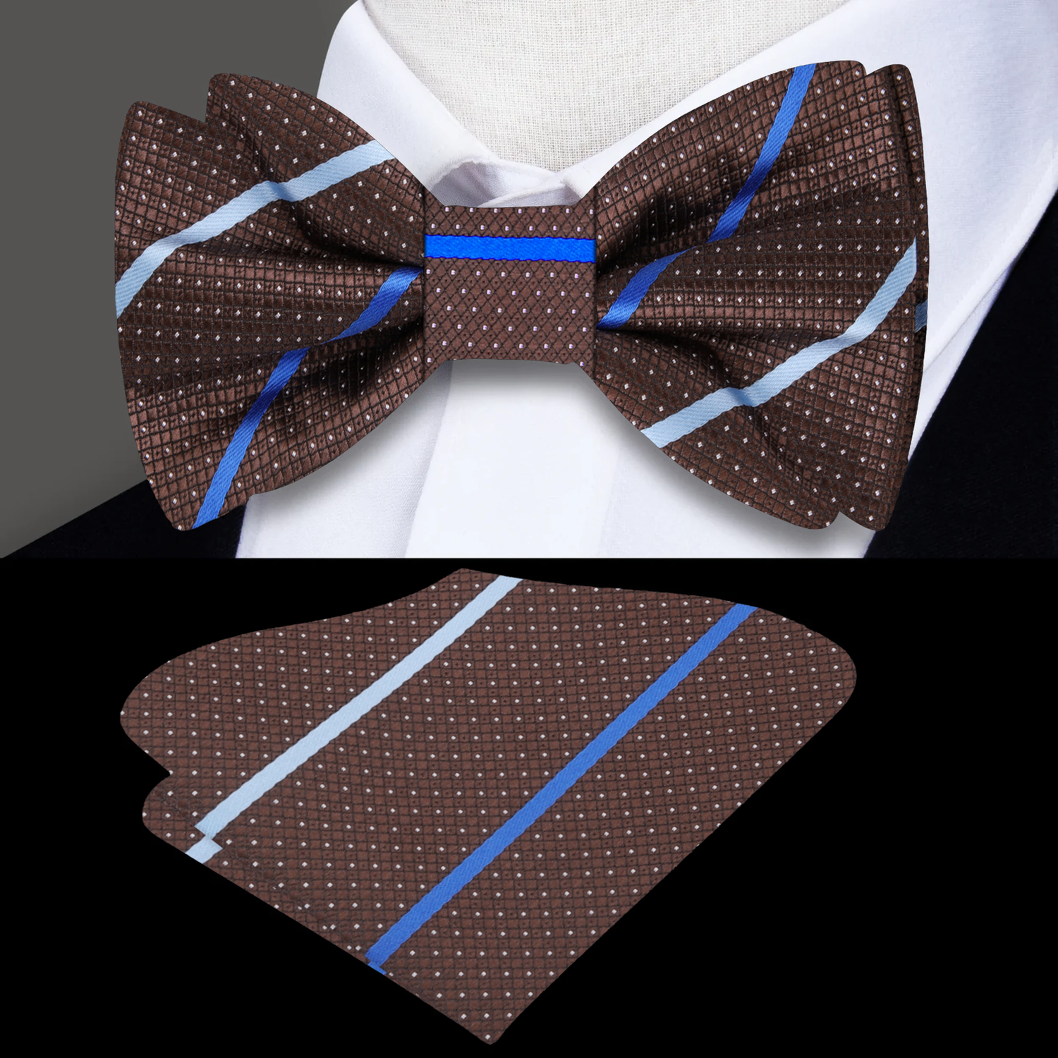 Brown, Blue Stripe Bow Tie and Square||Brown/Blue
