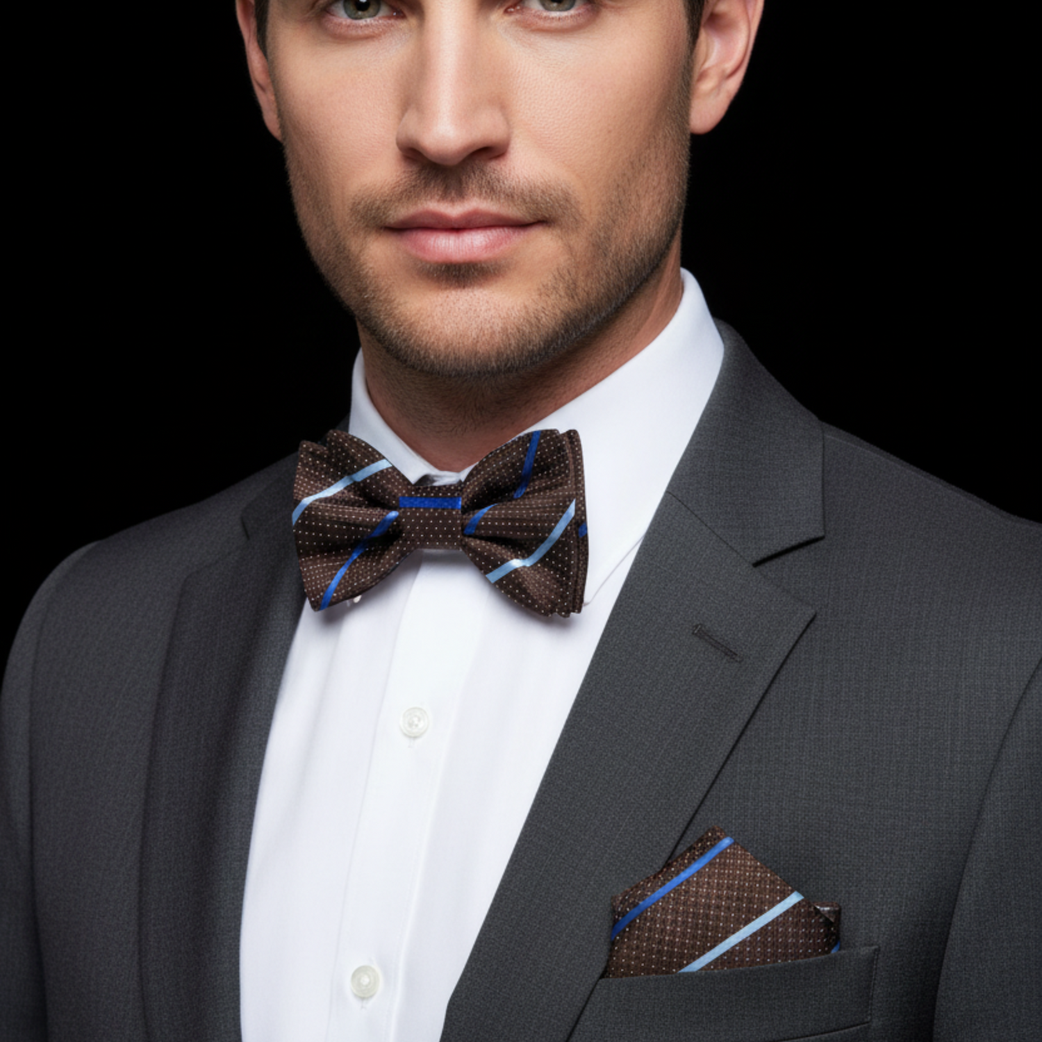 Man wearing brown stripe bow tie and square