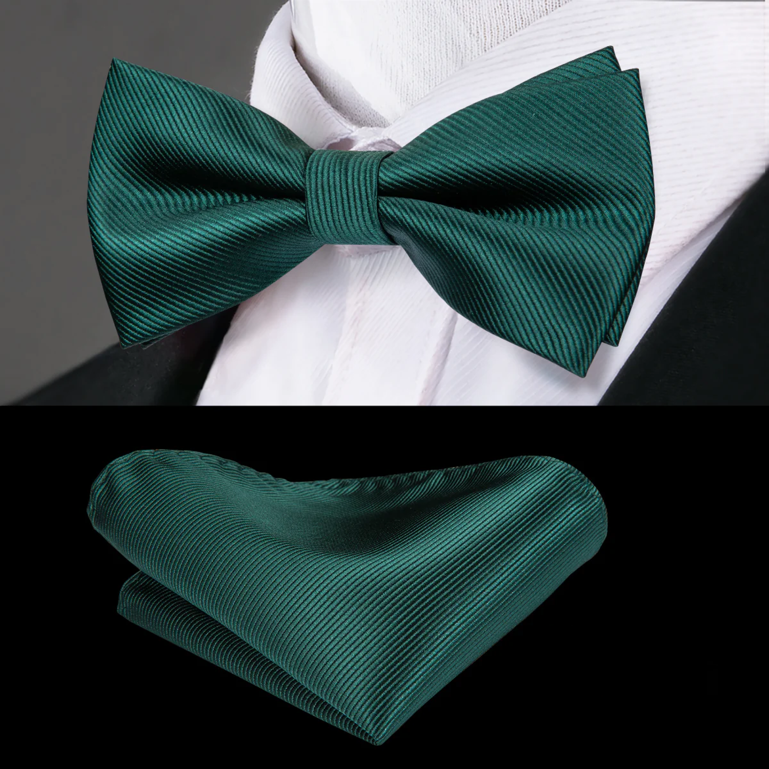 A solid green bow tie and pocket square