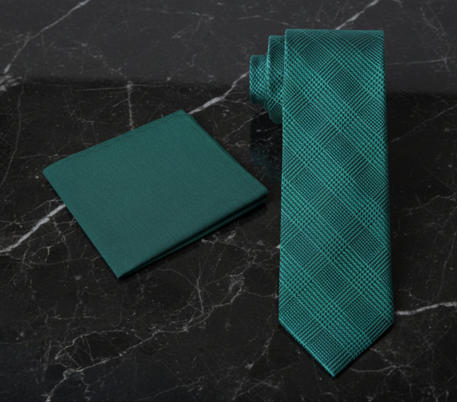 Green plaid tie and green pocket square