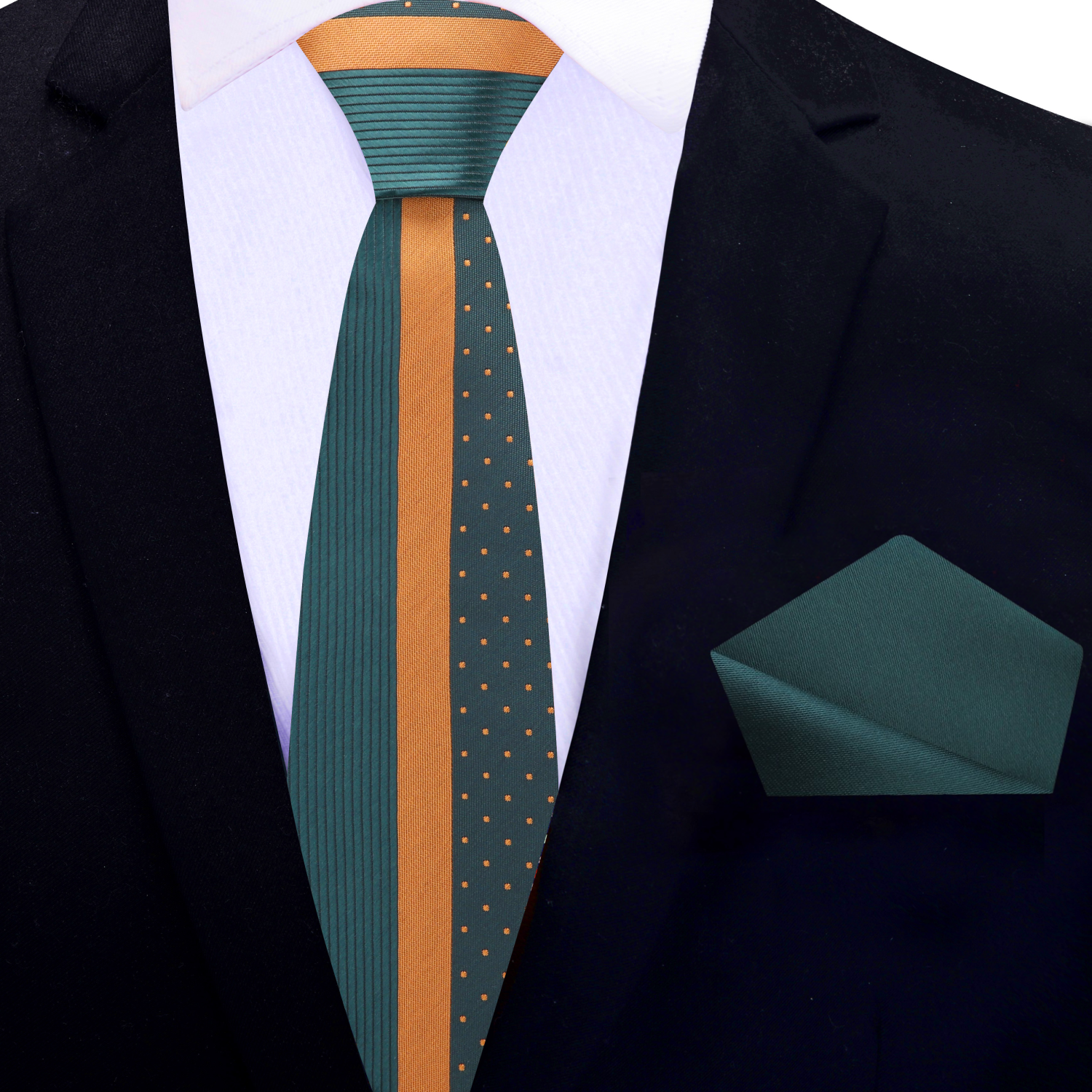Green and Yellow Gold Stripe Necktie and Accenting Square: Thin View