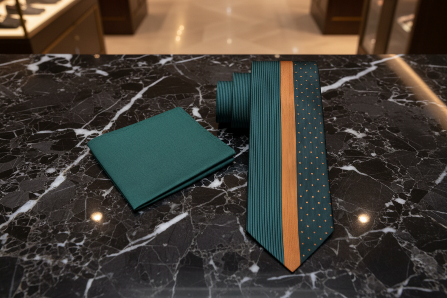 View 2 Green and Yellow Gold Stripe Necktie and Accenting Square