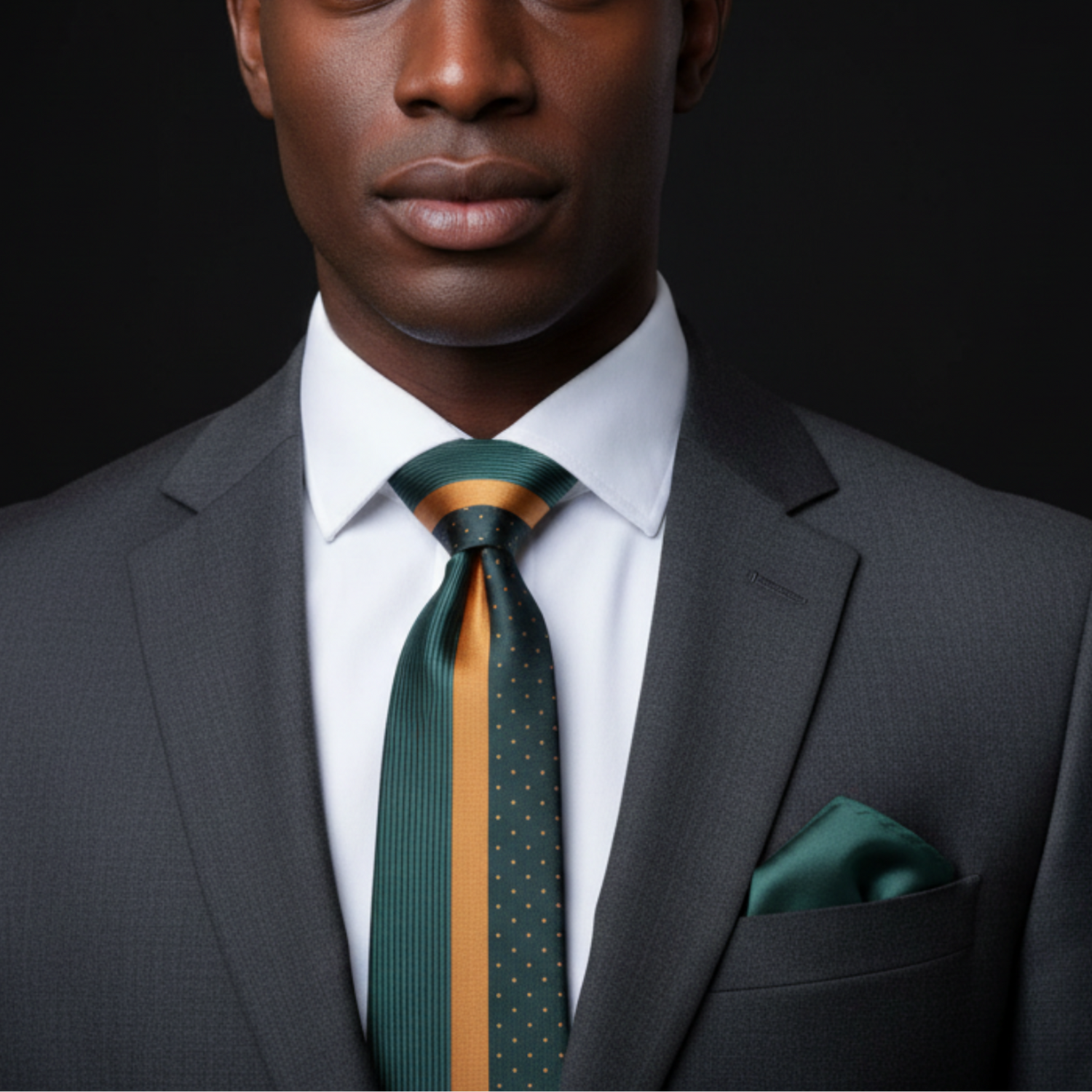 Man wearing a gray suit with a green tie and pocket square on a black background