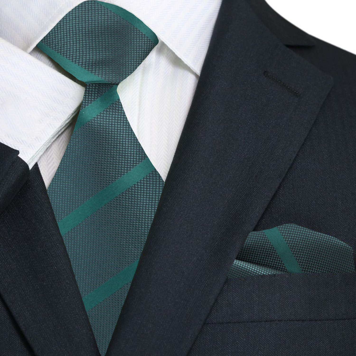 Primary Deep Green Stripe Tie and Matching Pocket Square