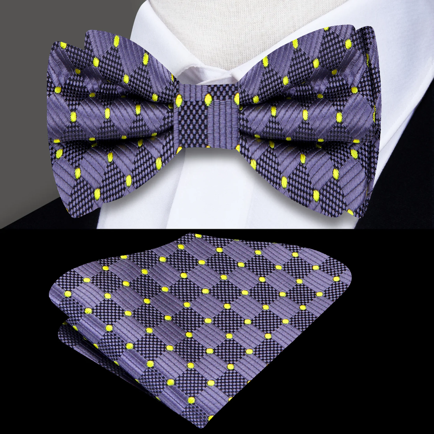 Main View: A Dark Grey, Yellow Geometric Dots Pattern Silk Self Tie Bow Tie, Matching Pocket Square ||Dark Grey, Yellow