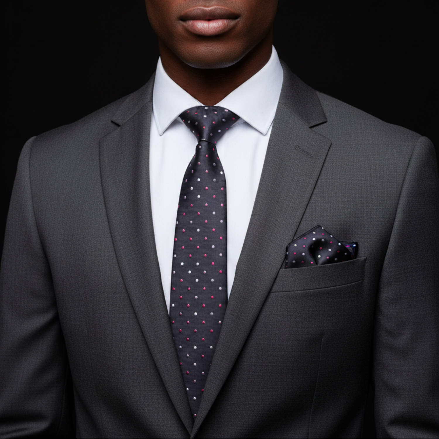 Man wearing a gray suit with a polka dot tie and pocket square on a black background