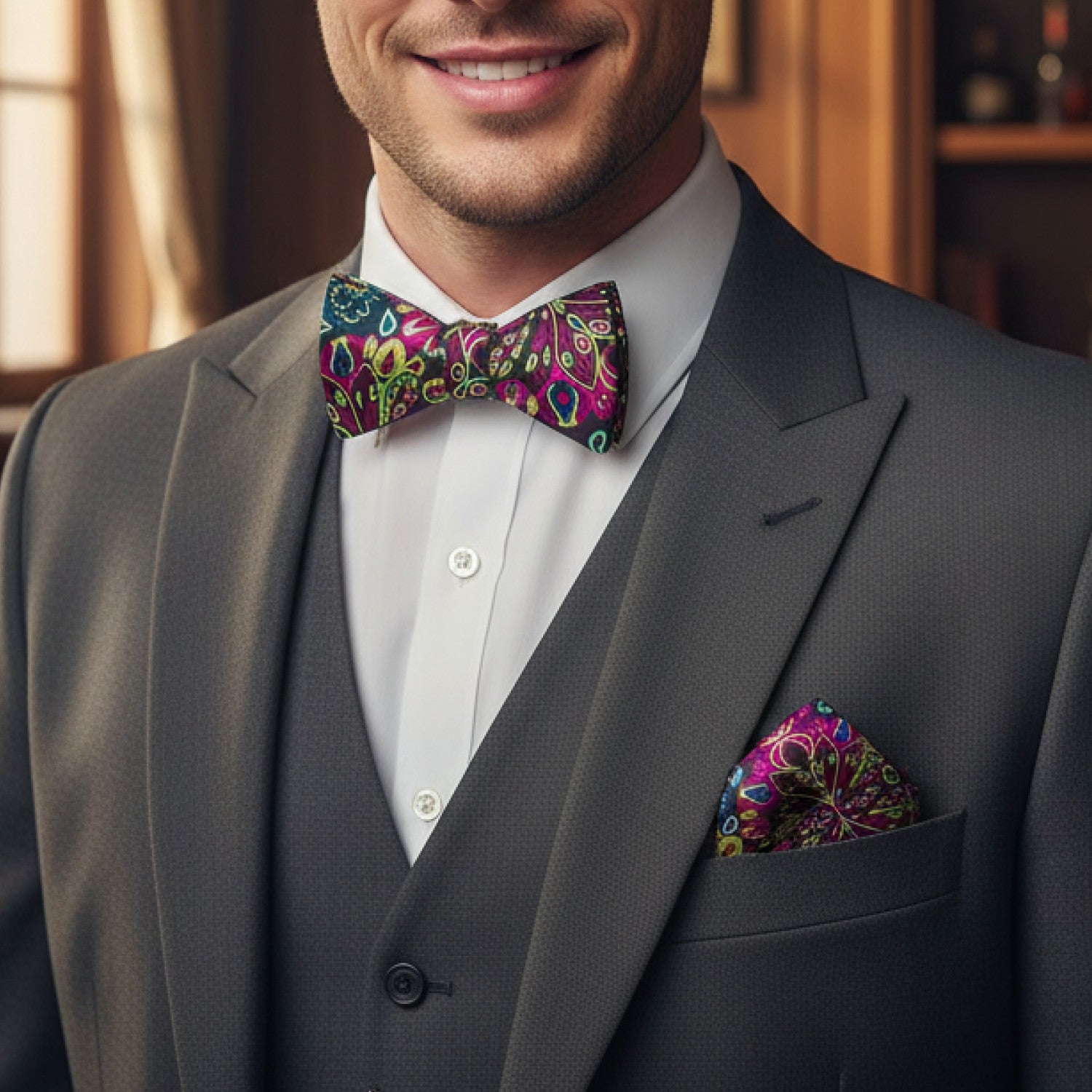 Man wearing a gray suit with a colorful bow tie and pocket square indoors.