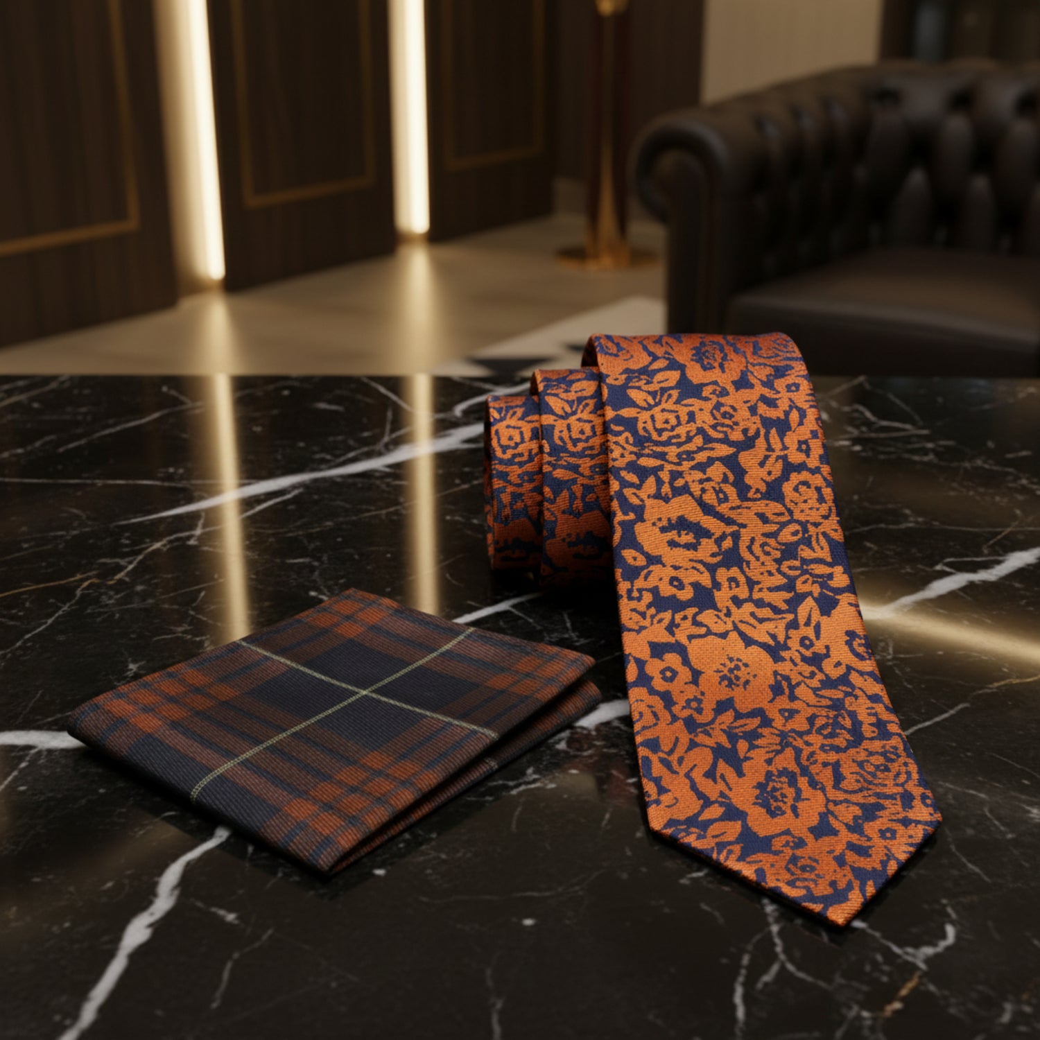 Rusted Orange & Deep Blue Floral Necktie