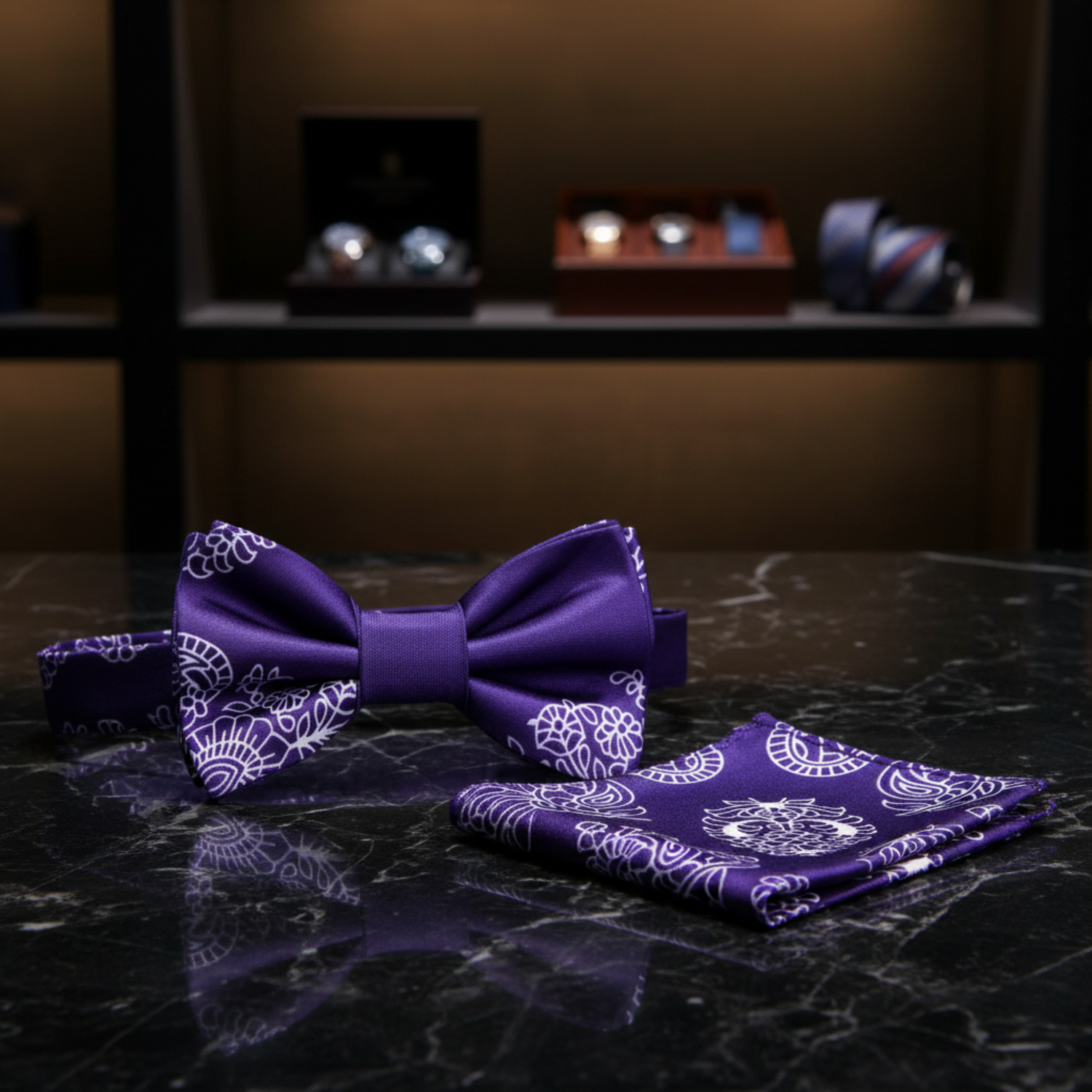 Deep Purple Paisley Bow Tie and Square