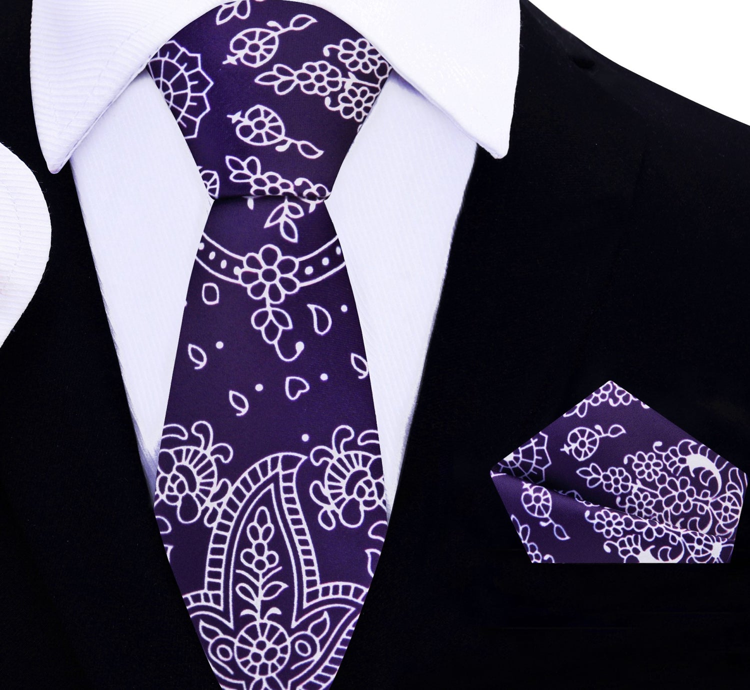 Thin Deep Purple and White Paisley Necktie and Square