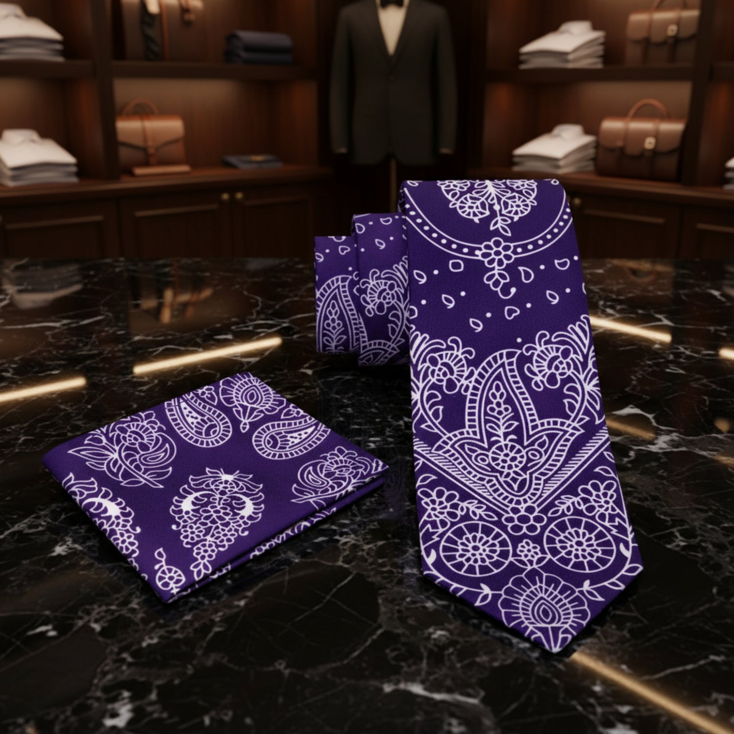 Alt Deep Purple and White Paisley Necktie and Square