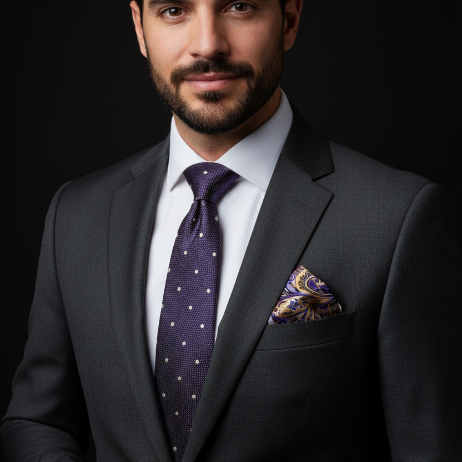 Man wearing a dark suit with a purple tie and pocket square against a black background