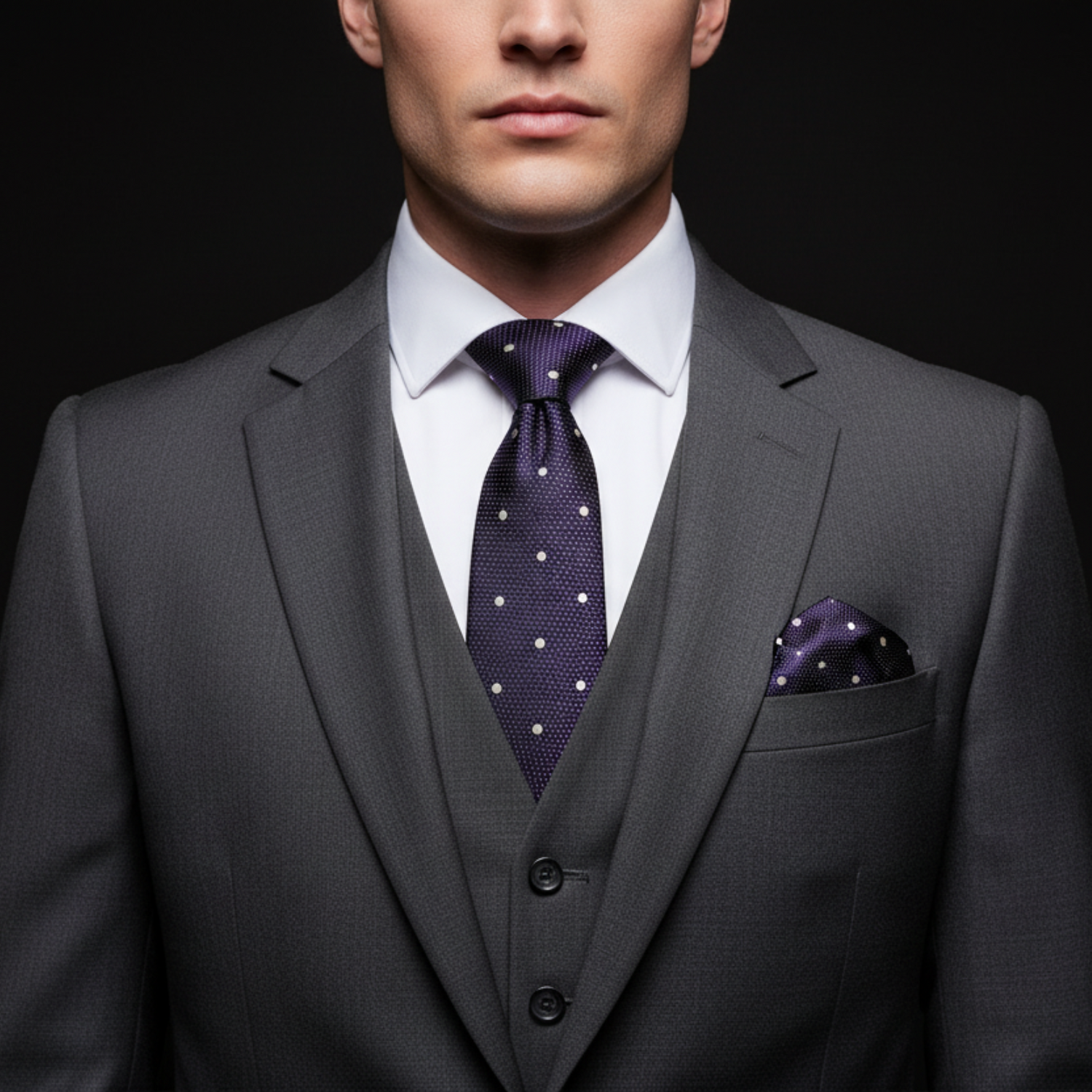 Man wearing a gray suit with a purple tie and pocket square on a black background