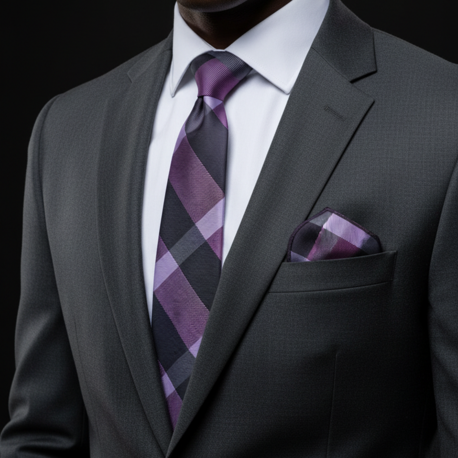 Gray suit with a purple plaid tie and pocket square on a black background