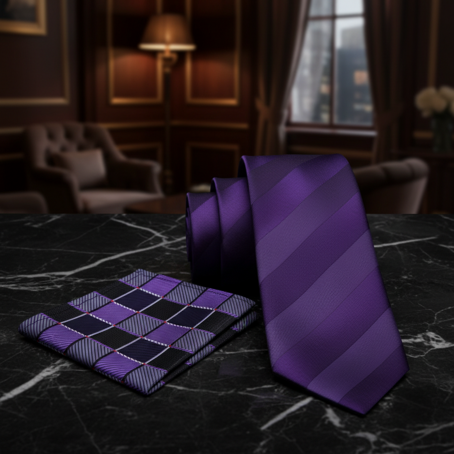 Alt Purple Block Stripe Tie and Accenting Square