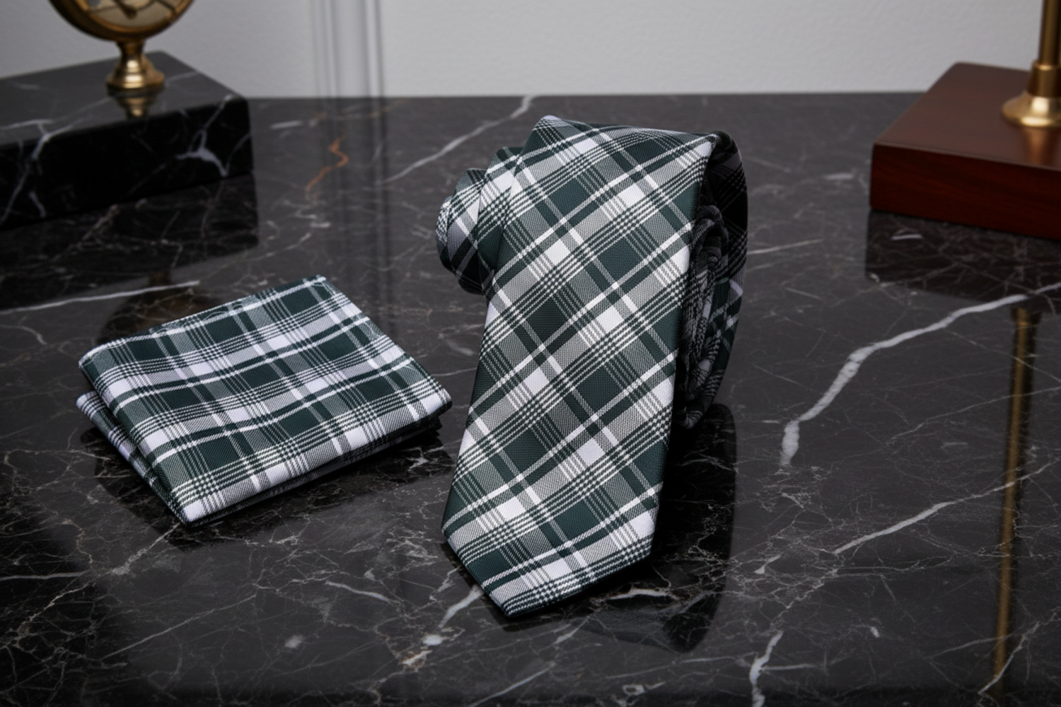 Sage Green and Grey plaid Tie and Square
