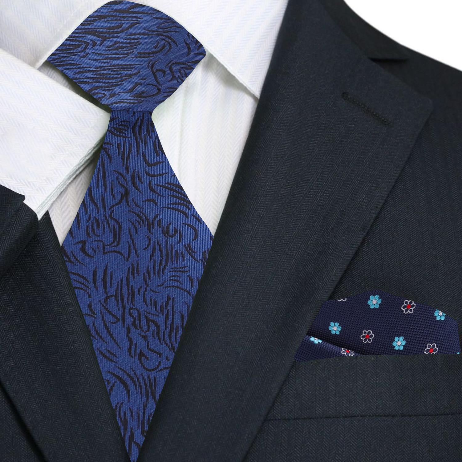 Premium Navy Blue, Black Abstract Lines Necktie with Dark Blue Floral Square